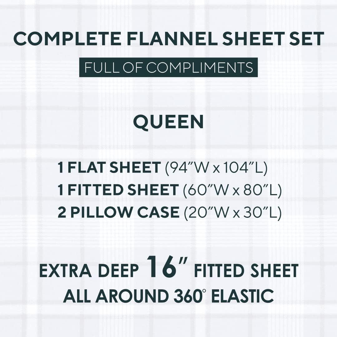 Queen Dark Blue Plaid Cotton Flannel Sheet Set