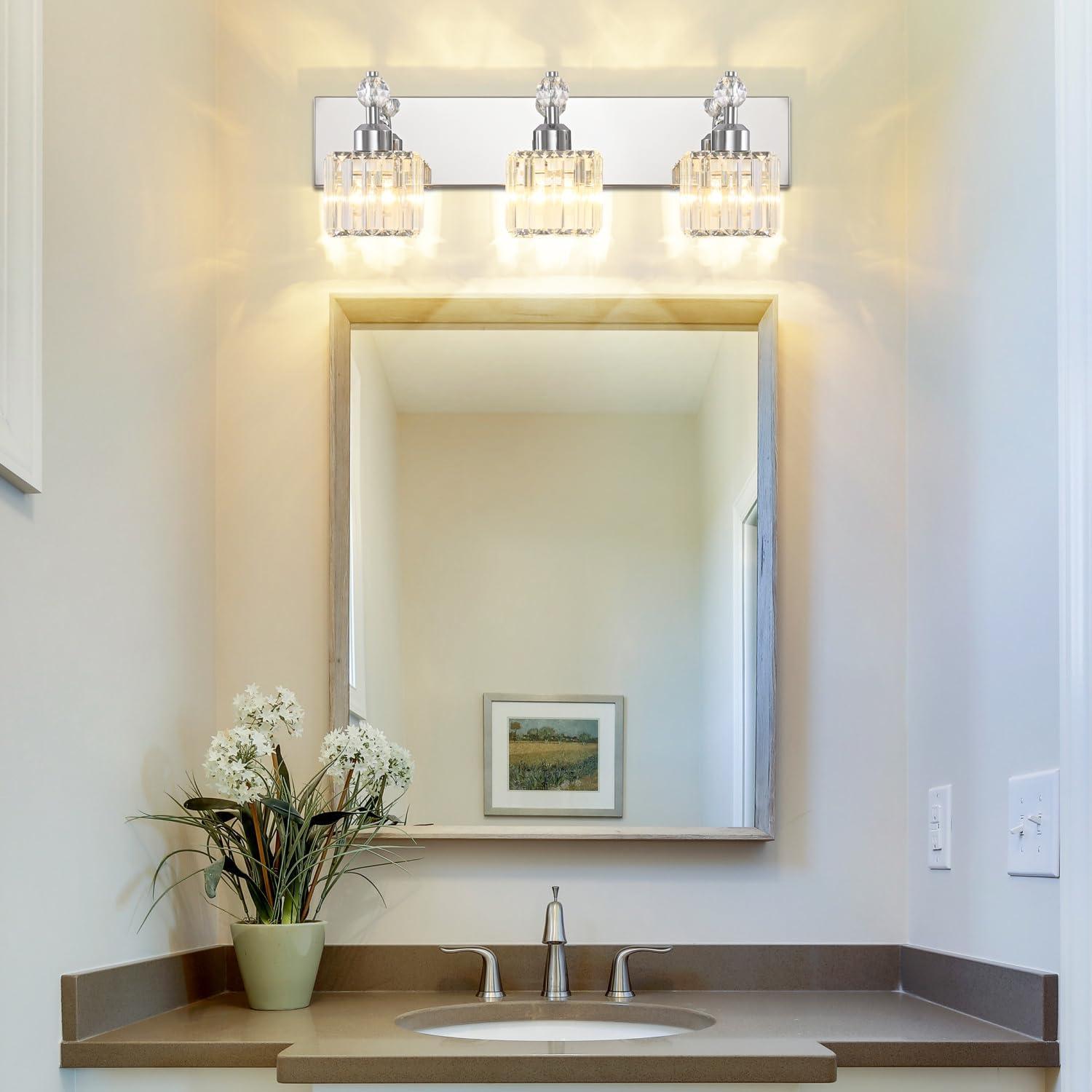 PRESDE Black Crystal Bathroom Lights Fixtures Over Mirror Modern 3 Light Vanity Lighting Bathroom Wall Light Fixtures(Exclude Bulb)