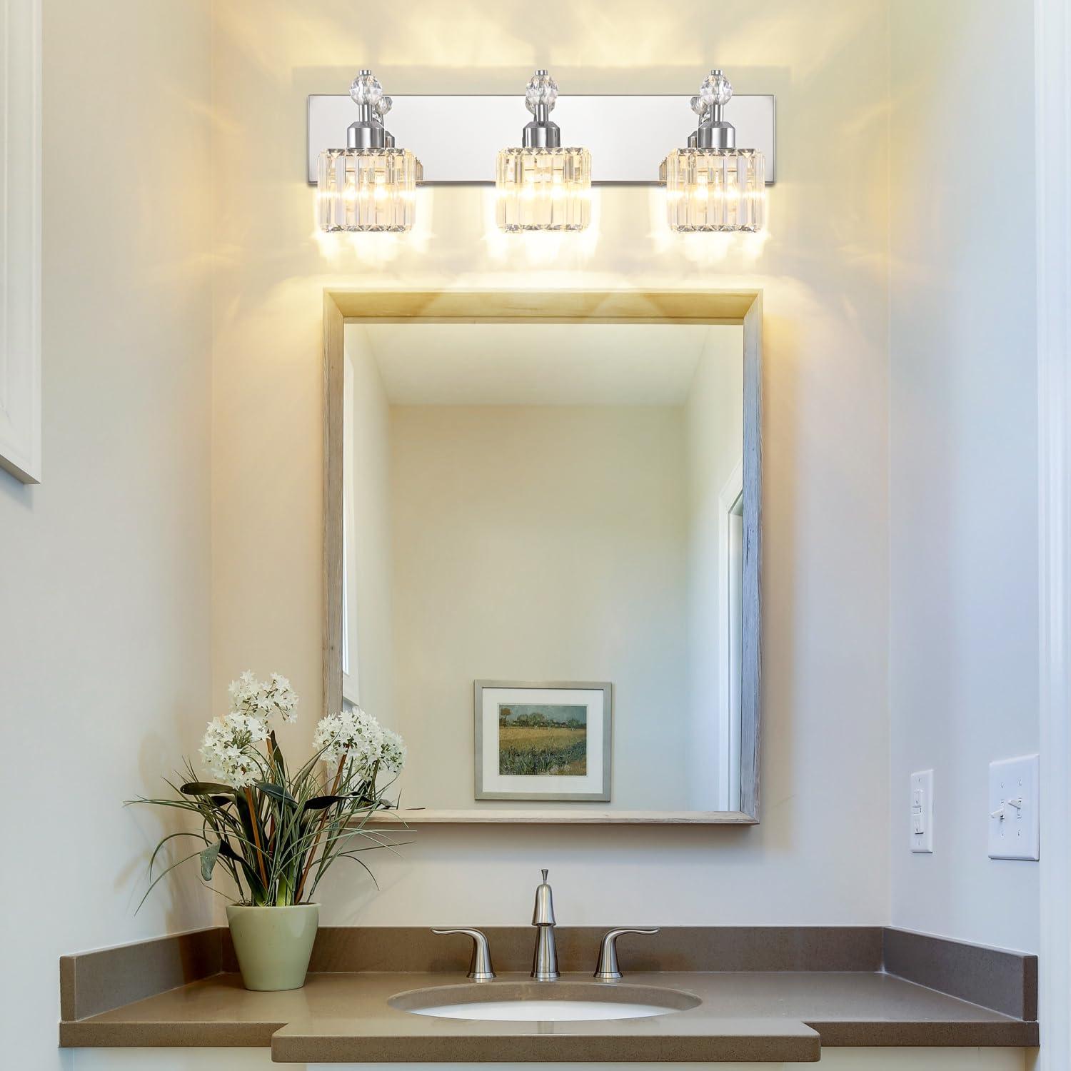 PRESDE Black Crystal Bathroom Lights Fixtures Over Mirror Modern 3 Light Vanity Lighting Bathroom Wall Light Fixtures(Exclude Bulb)