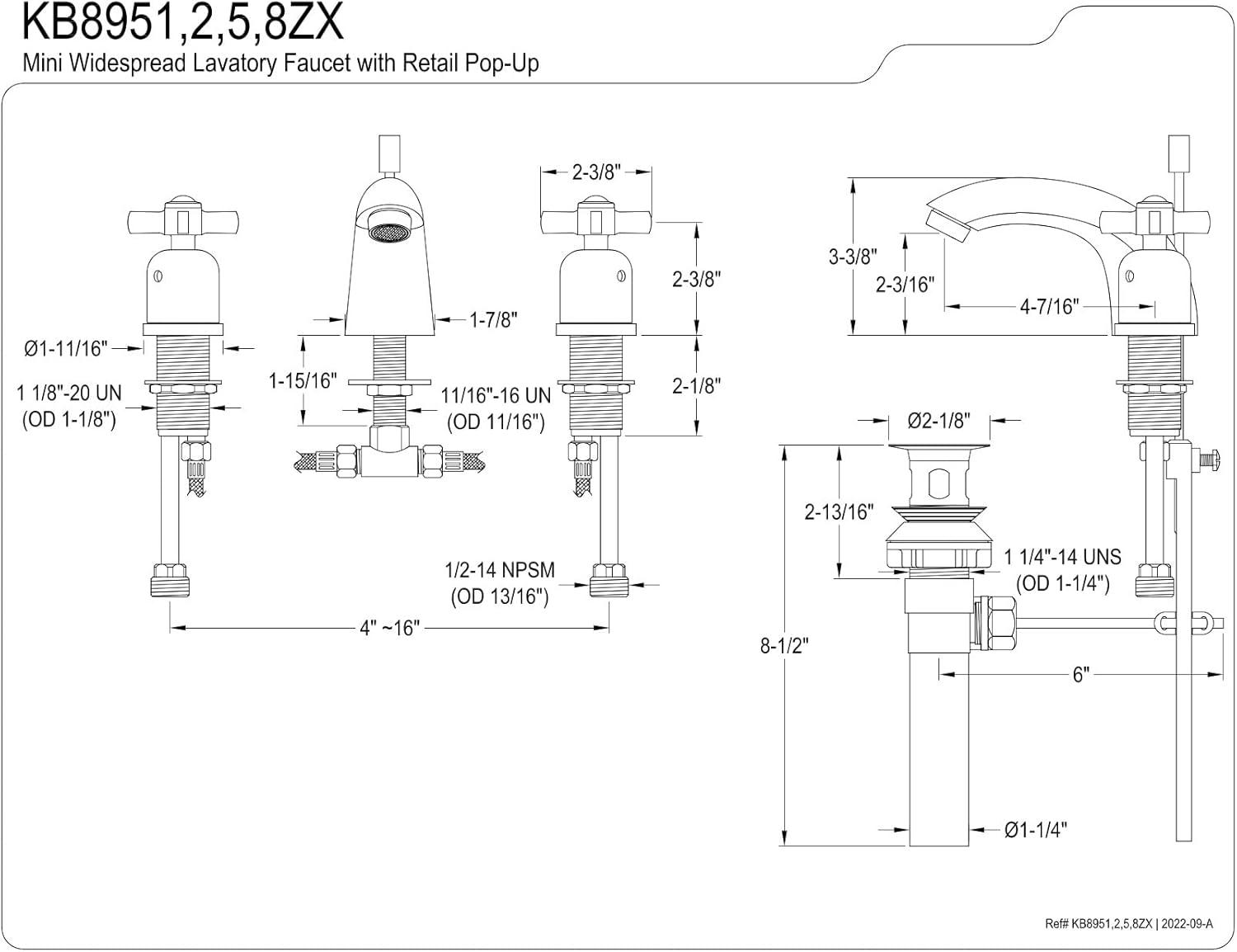Kingston Brass Kingston Brass Millennium Two-Handle 3-Hole Deck Mount Mini-Widespread Bathroom Faucet with Plastic Pop-Up KB8958ZX