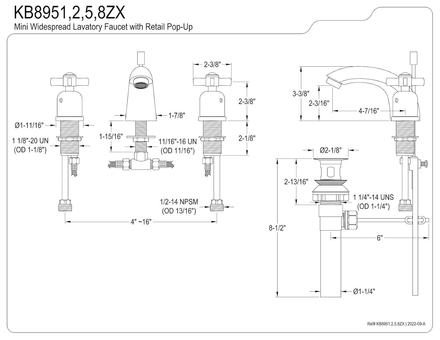 Kingston Brass Kingston Brass Millennium Two-Handle 3-Hole Deck Mount Mini-Widespread Bathroom Faucet with Plastic Pop-Up KB8958ZX