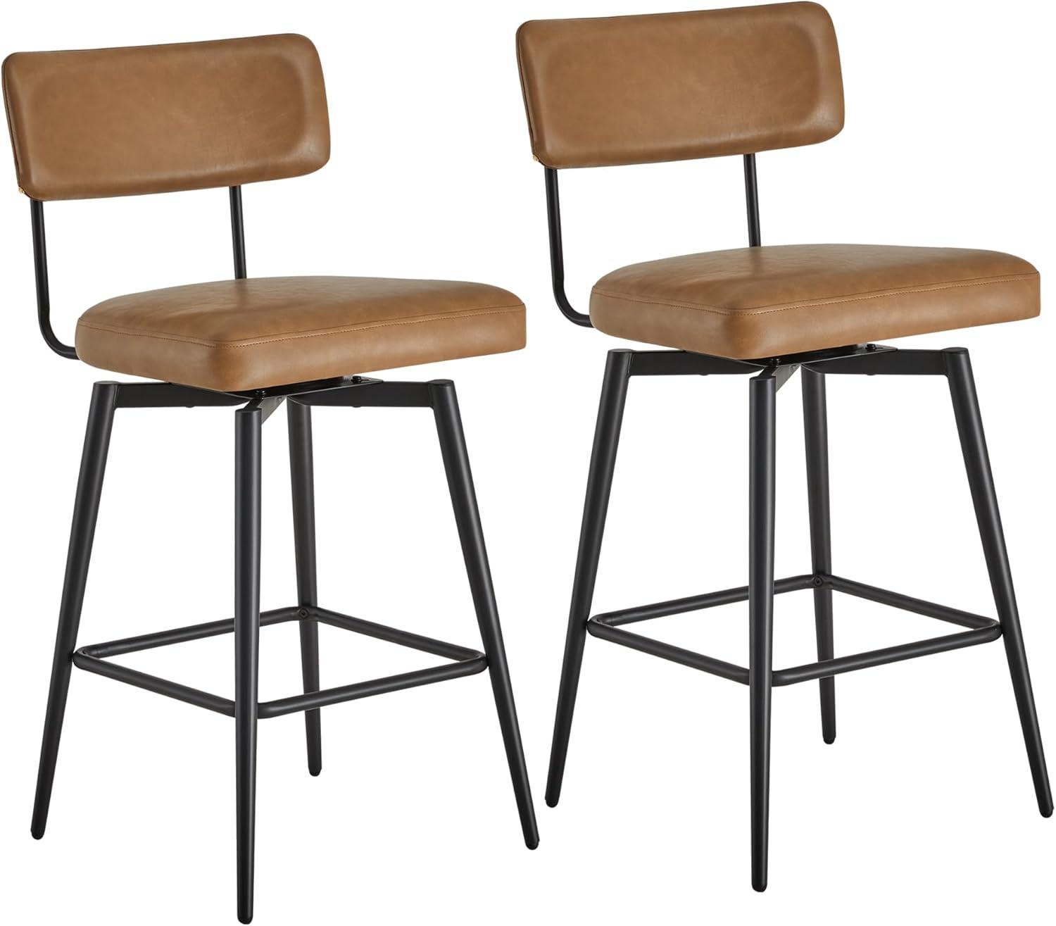 Watson & Whitely Swivel Counter Height Bar Stool Chairs Set of 2, 27.4" Faux Leather Upholstered Counter Stools with Back and Metal Frame, Saddle Brown