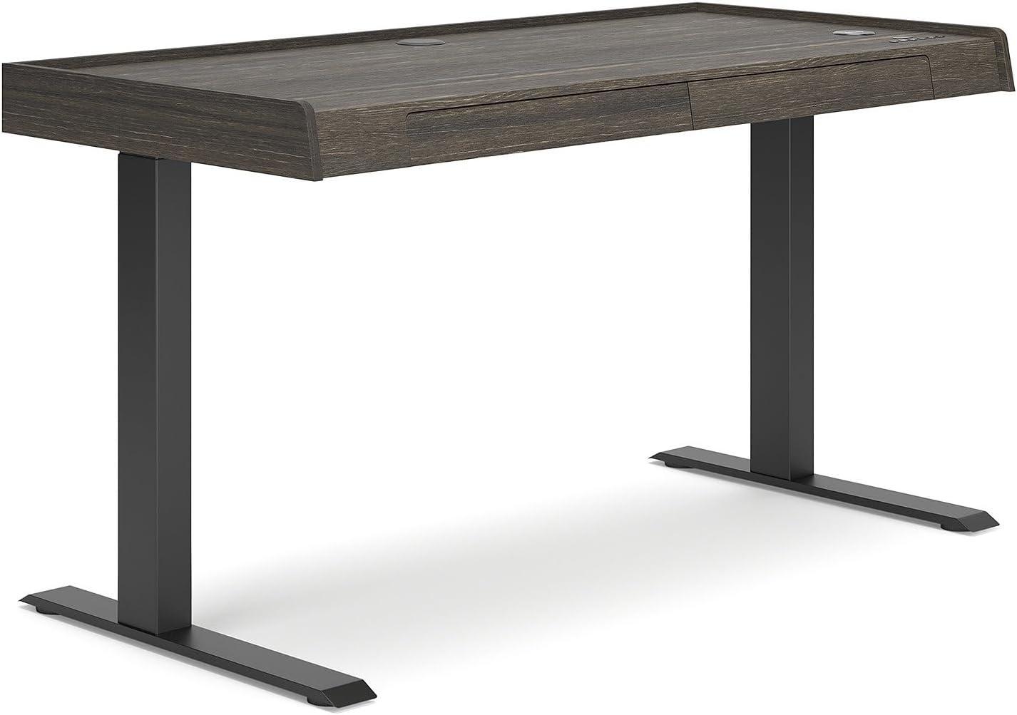 Dark Brown Adjustable Height Desk with USB Ports and Drawers