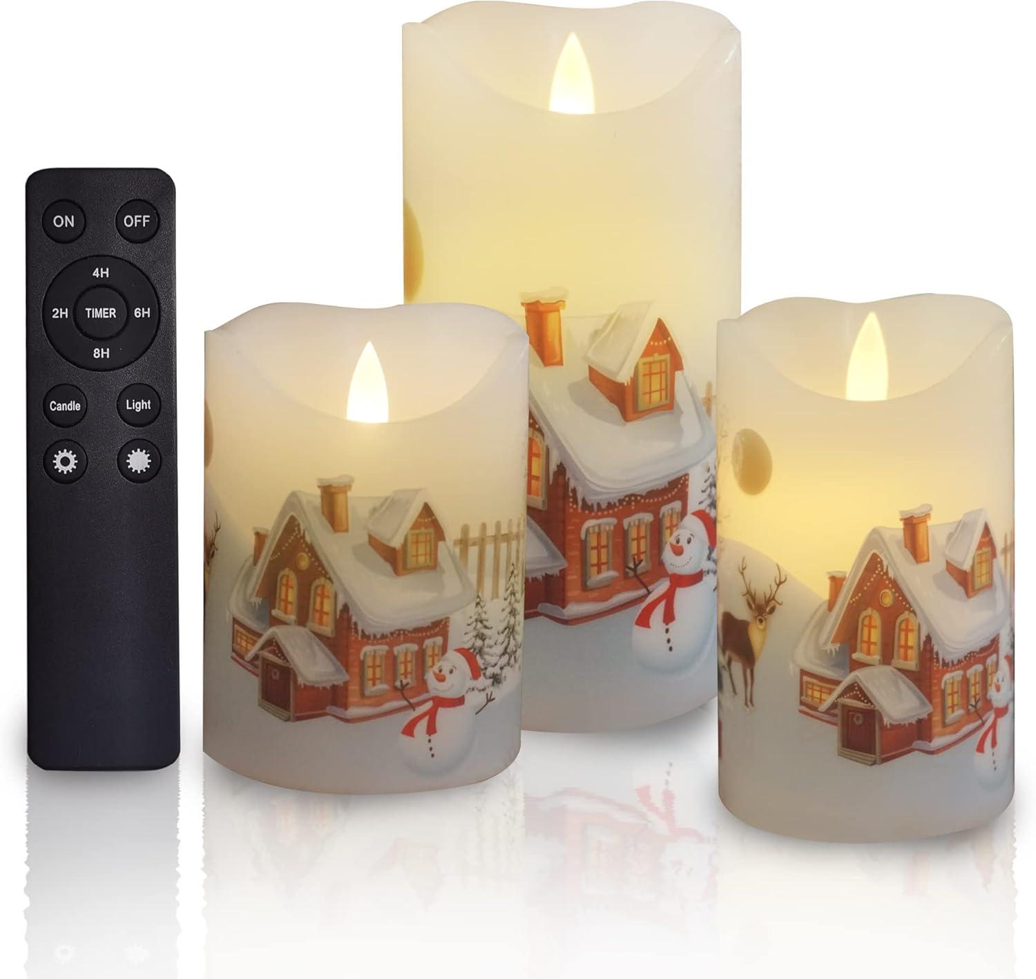 CANDLE CHOICE Christmas Flameless Candles with Remote Timer Real Wax Realistic Flickering Battery Operated Electric LED Pillars with Decals Reindeer Snowman Xmas Tree for Holiday Decorations 3 Pack