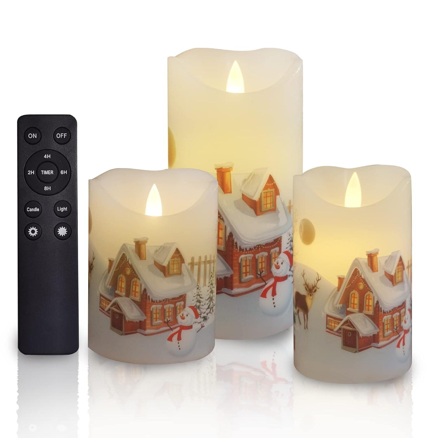 CANDLE CHOICE Christmas Flameless Candles with Remote Timer Real Wax Realistic Flickering Battery Operated Electric LED Pillars with Decals Reindeer Snowman Xmas Tree for Holiday Decorations 3 Pack