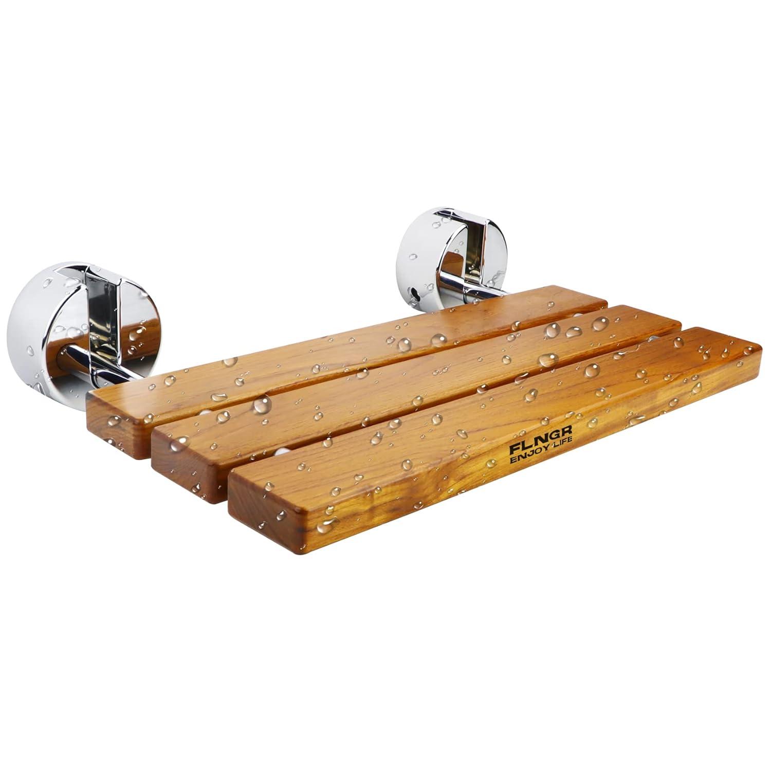 20 inchs Teak Folding Shower Seat Wall Mounted,Fold Down Shower Bench for Shower Space, Home Care Teak Wood Stool for Inside Shower,Pregnants-Maximum Load 440lb (Glossy & Yellow)