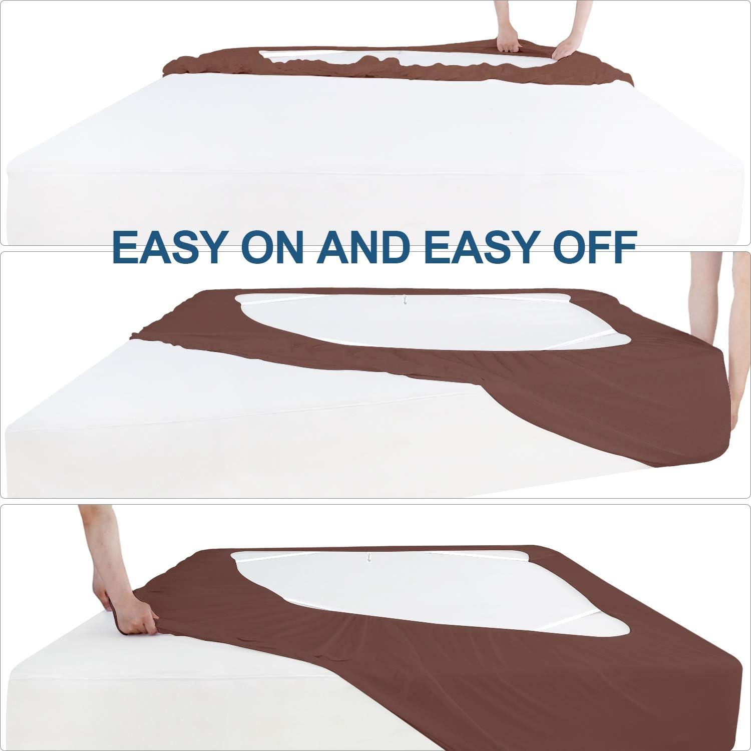 PiccoCasa Home Wrinkle Free Stretchy Fabric Wrap Around 4 Sides Bed Skirt Brown Queen