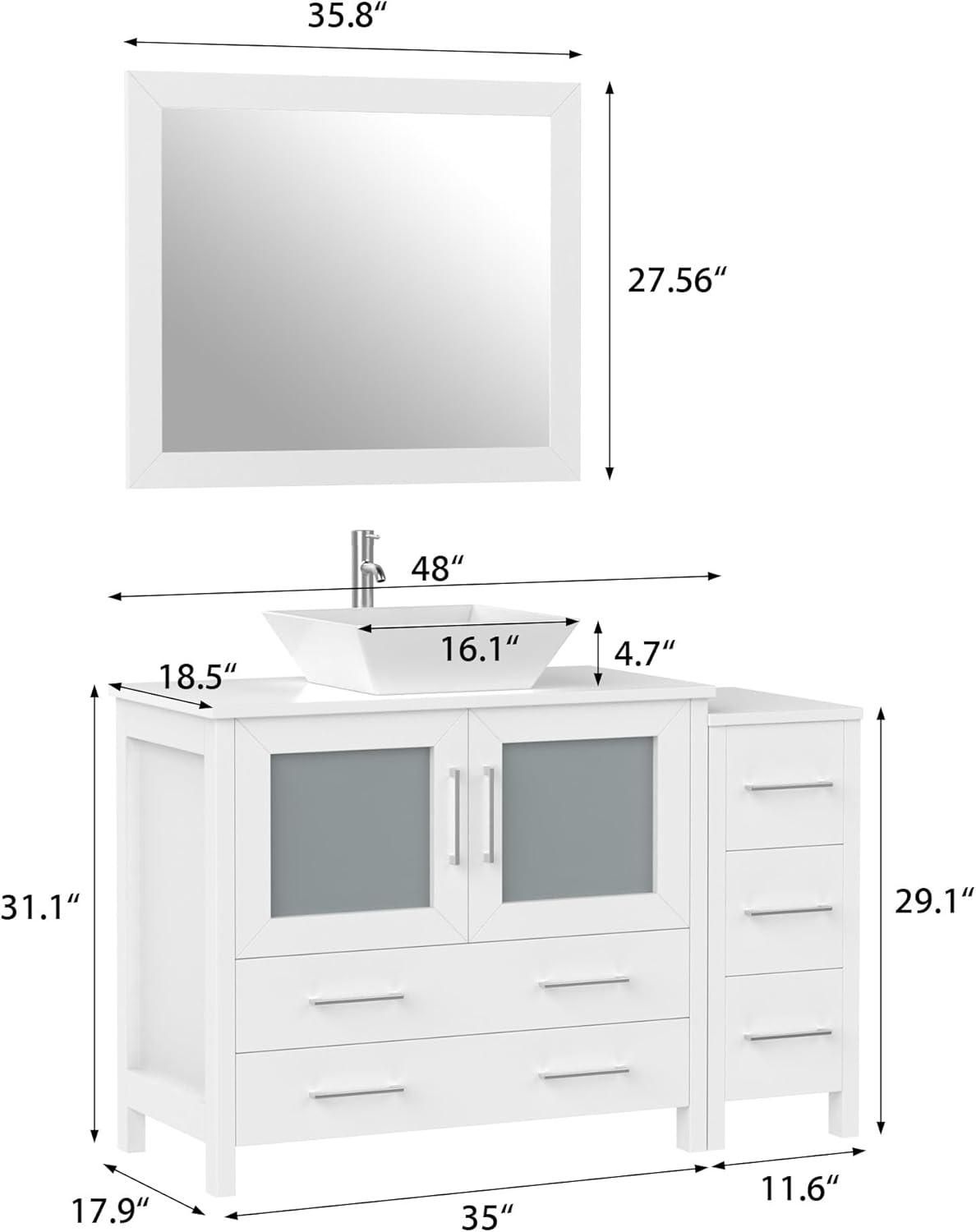 Vanity Art 48 Inch Vessel Single Sink Bathroom Vanity Cabinet with 1 Mirror, Engineered Marble Top Bathroom Cabinet Compact Set with 8 Dovetail Drawers and Soft Closing Doors, VA3124-48W