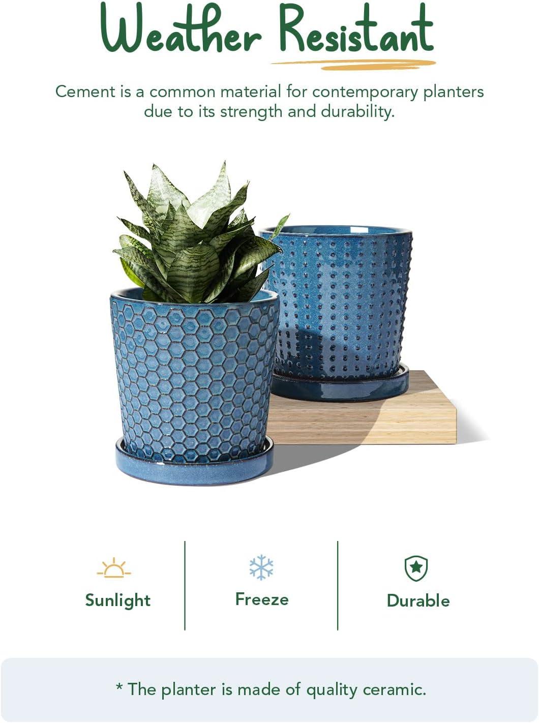 BEMAY 5.5" Plant Pots, Ceramic Indoor Planters with Drainage and Tray, Set of 2 Flower Pots for Succulent,Plants, Reactive Glaze Blue