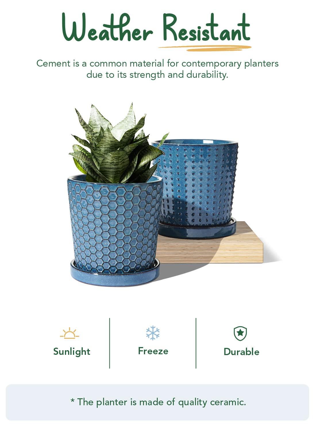 BEMAY 5.5" Plant Pots, Ceramic Indoor Planters with Drainage and Tray, Set of 2 Flower Pots for Succulent,Plants, Reactive Glaze Blue