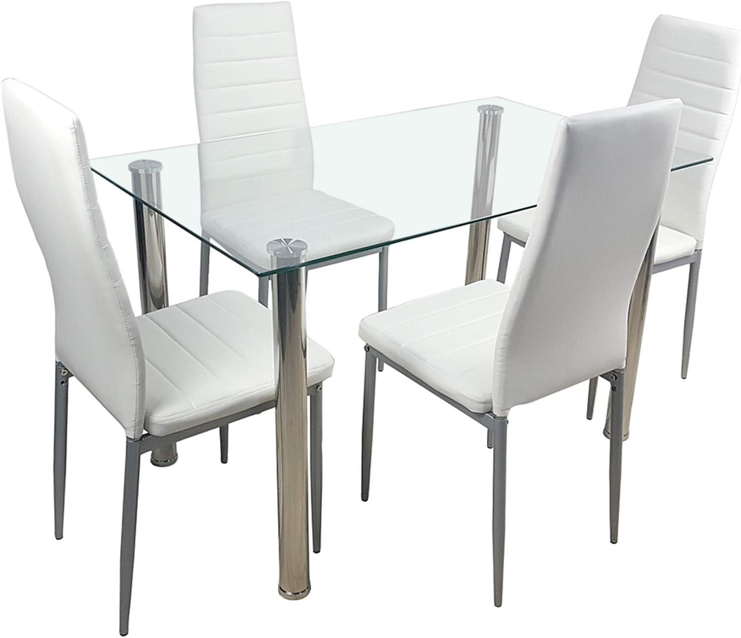 5 Pieces Dining Table with Chairs Set, Rectangular Tempered Glass Table and 4 White PU Chairs,Upholstered High-Back Chairs for Kitchen Dining Room Furniture