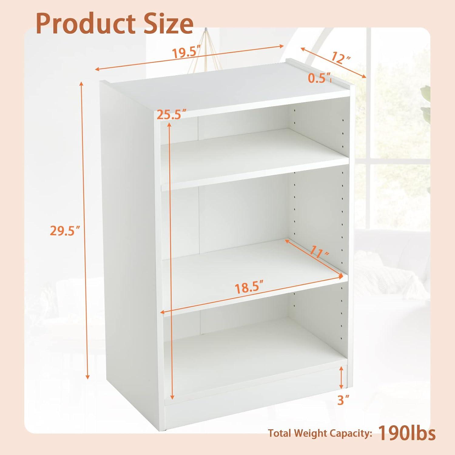 White 3-Tier Adjustable MDF Bookcase with Anti-Toppling Device