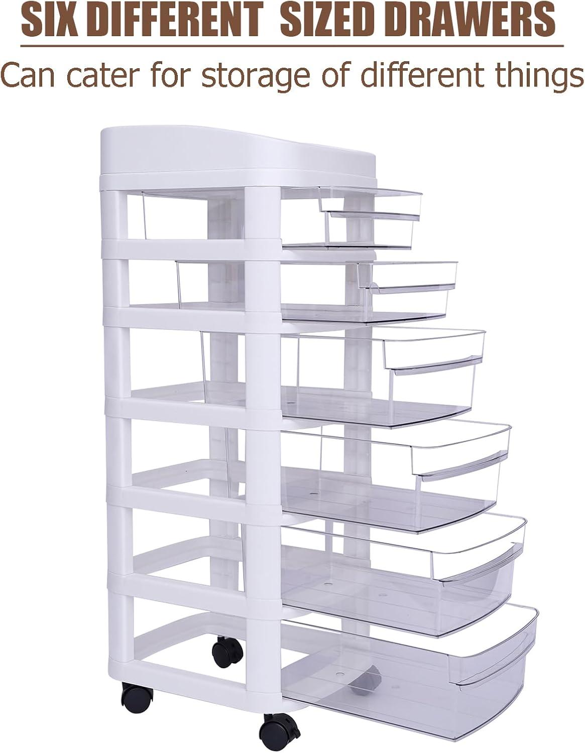 White 6-Tier Plastic Rolling Storage Cart with Clear Drawers