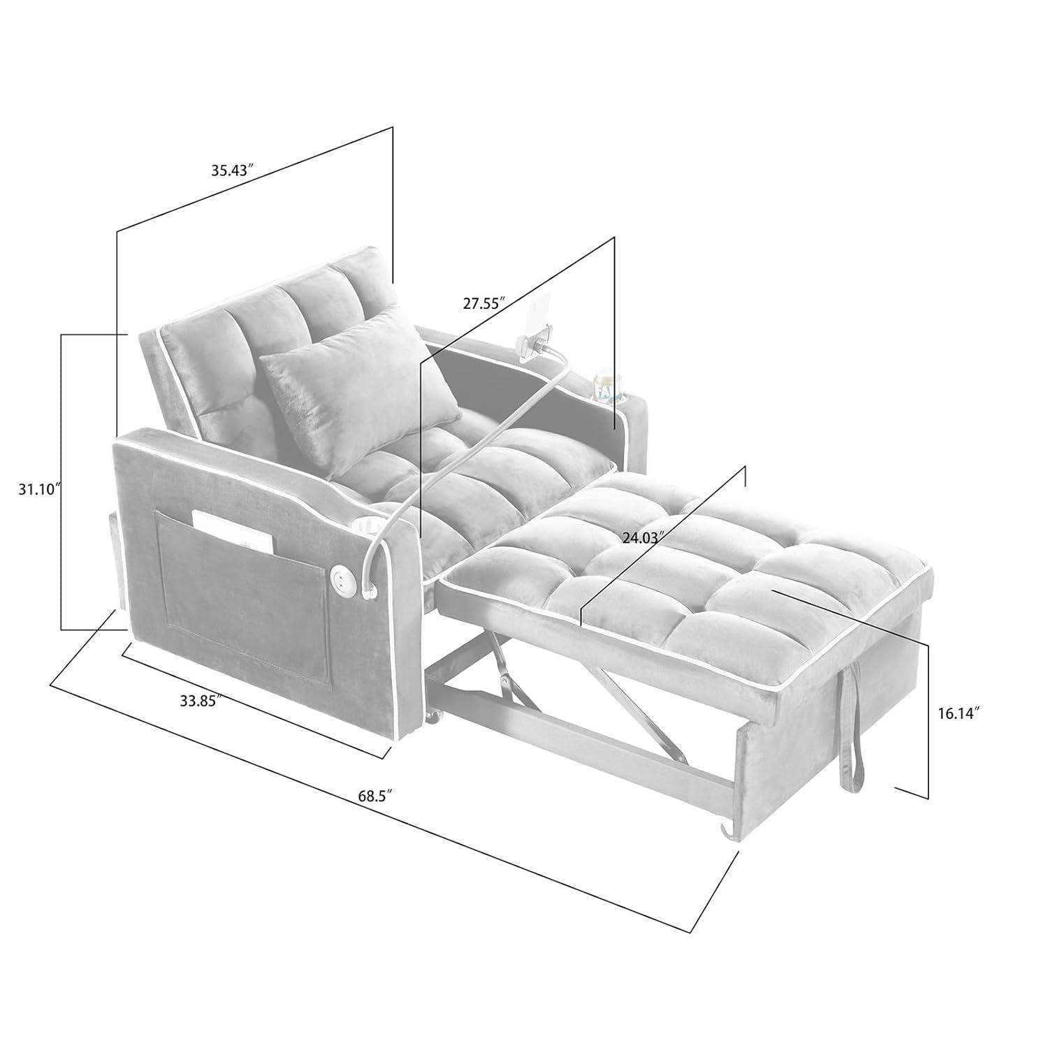 3 in 1 Convertible Sleeper Chair Bed with USB Ports, Cup Holder and Phone Stand, Velvet Pull Out Futon Sofa Beds, Adjustable Backrest Single Sofa Chair for Small Spaces, Living Room, Office (Gray)