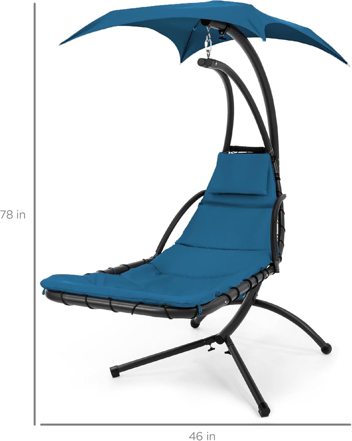 Best Choice Products Hanging Curved Chaise Lounge Chair Swing for Backyard, Patio w/ Pillow, Shade, Stand - Peacock Blue