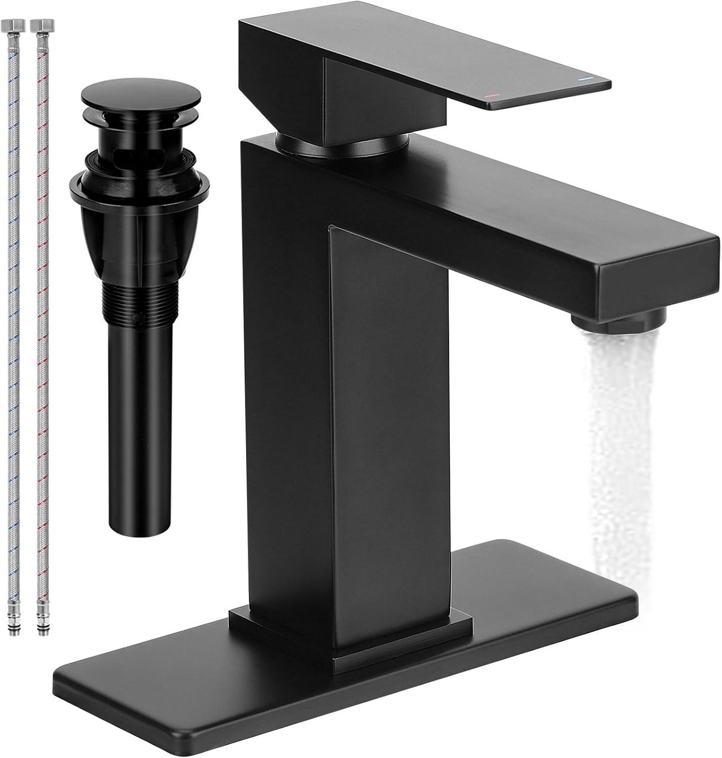 Black Bathroom Faucet with Sink Pop up Drain,Stainless Steel Bathroom Faucets for Sink 1 or 3 Holes, Matte Black Vanity RV Lavatory Faucet with Single Handle, Deck Plate, Water Supply Hoses