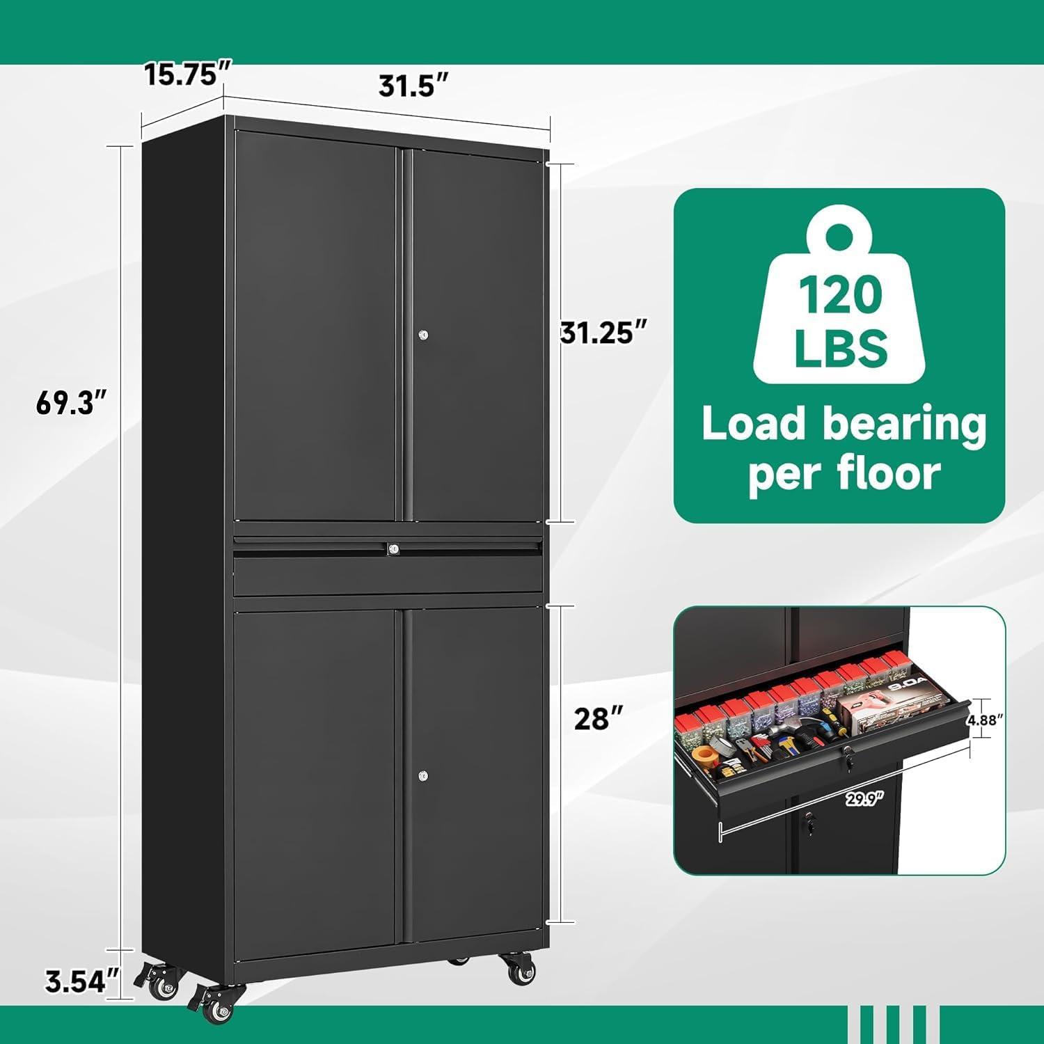 17 Stories Wheeling Garage Storage Cabinet, Rolling Tool Cabinet with 4 Door Lock-Adjustable Shelves and 1 Drawer for Garage Utility Room (Black)