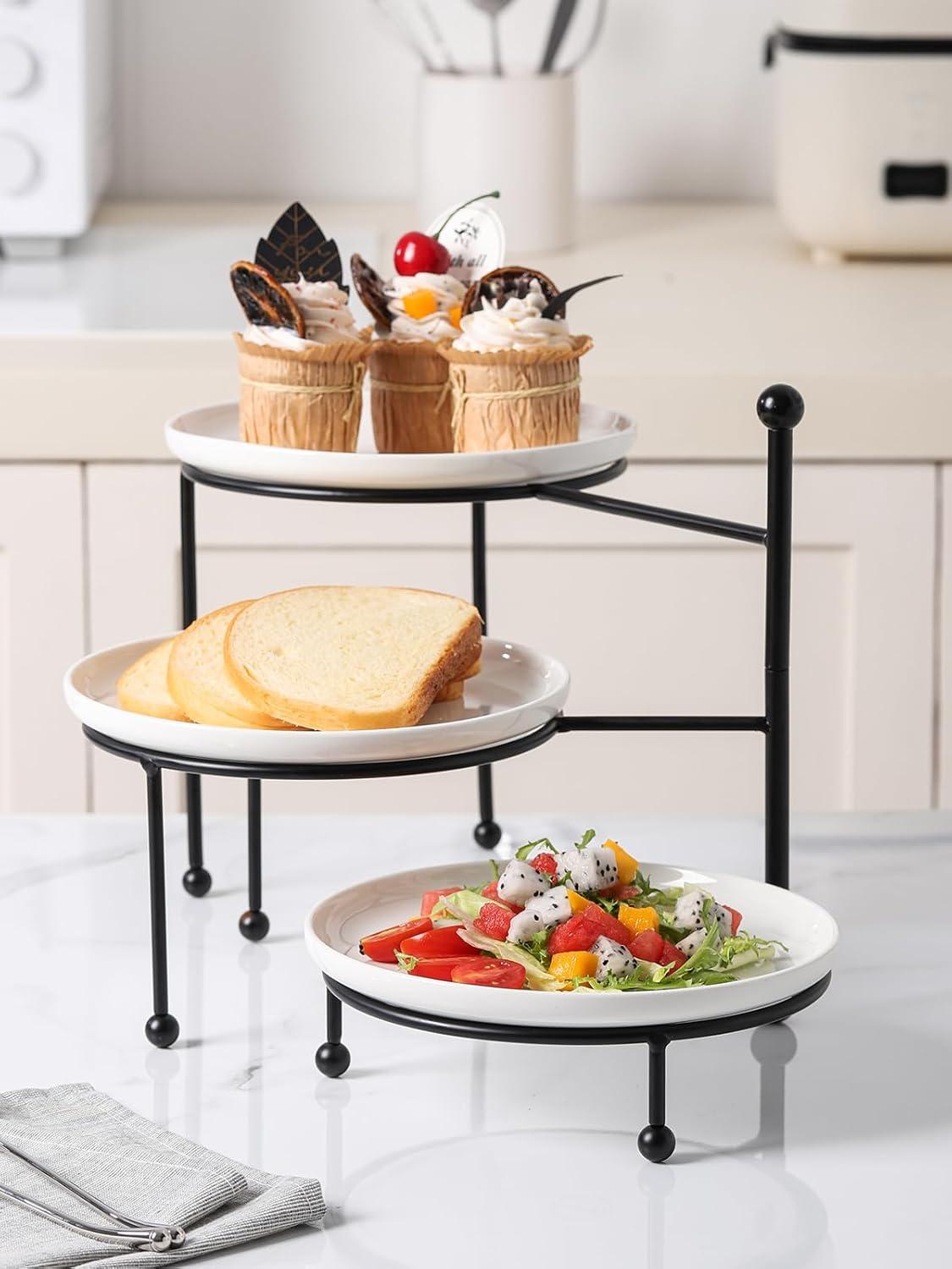 White Ceramic 3-Tier Round Serving Stand with Black Metal Frame