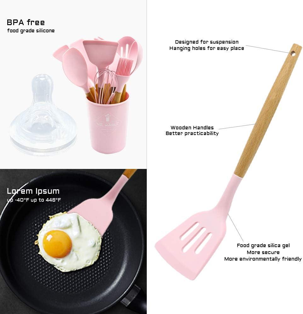 11-Piece Pink Silicone Kitchen Utensil Set with Wooden Handles