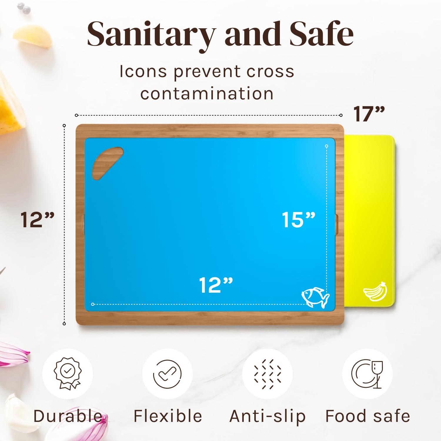 Tabla de Cortar de Madera de Bambú Fácil de Limpiar con Juego de 6 Tapetes de Corte Flexibles Codificados por Colores con Iconos de Comida - Juego de Tabla de Cortar