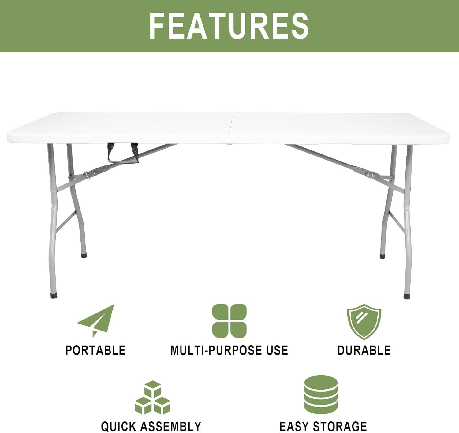 Outdoor Folding Table 6 ft, Portable Outdoor Picnic Table for Camping, Party and Wedding, with Handle and Lock - White