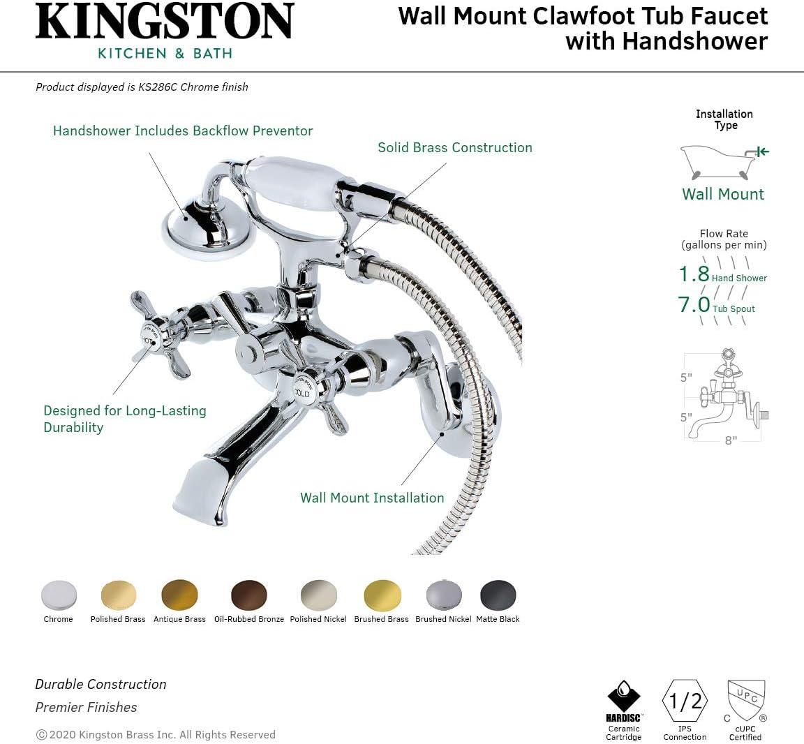 Kingston Brass Essex Three-Handle 2-Hole Wall Mount Clawfoot Tub Faucet with Hand Shower