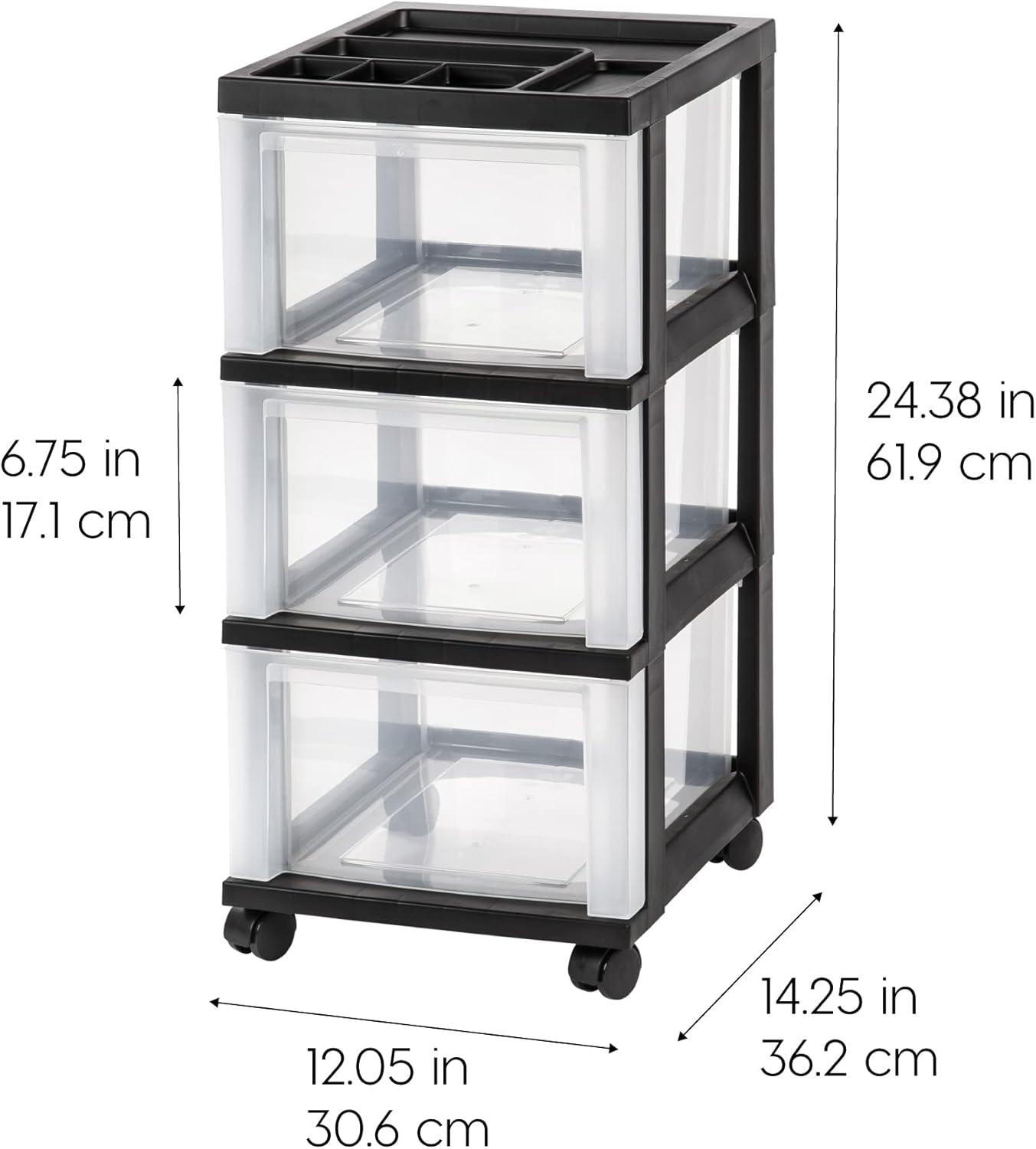 IRIS USA Medium 3 Drawer Cart with Organizer Top, Black