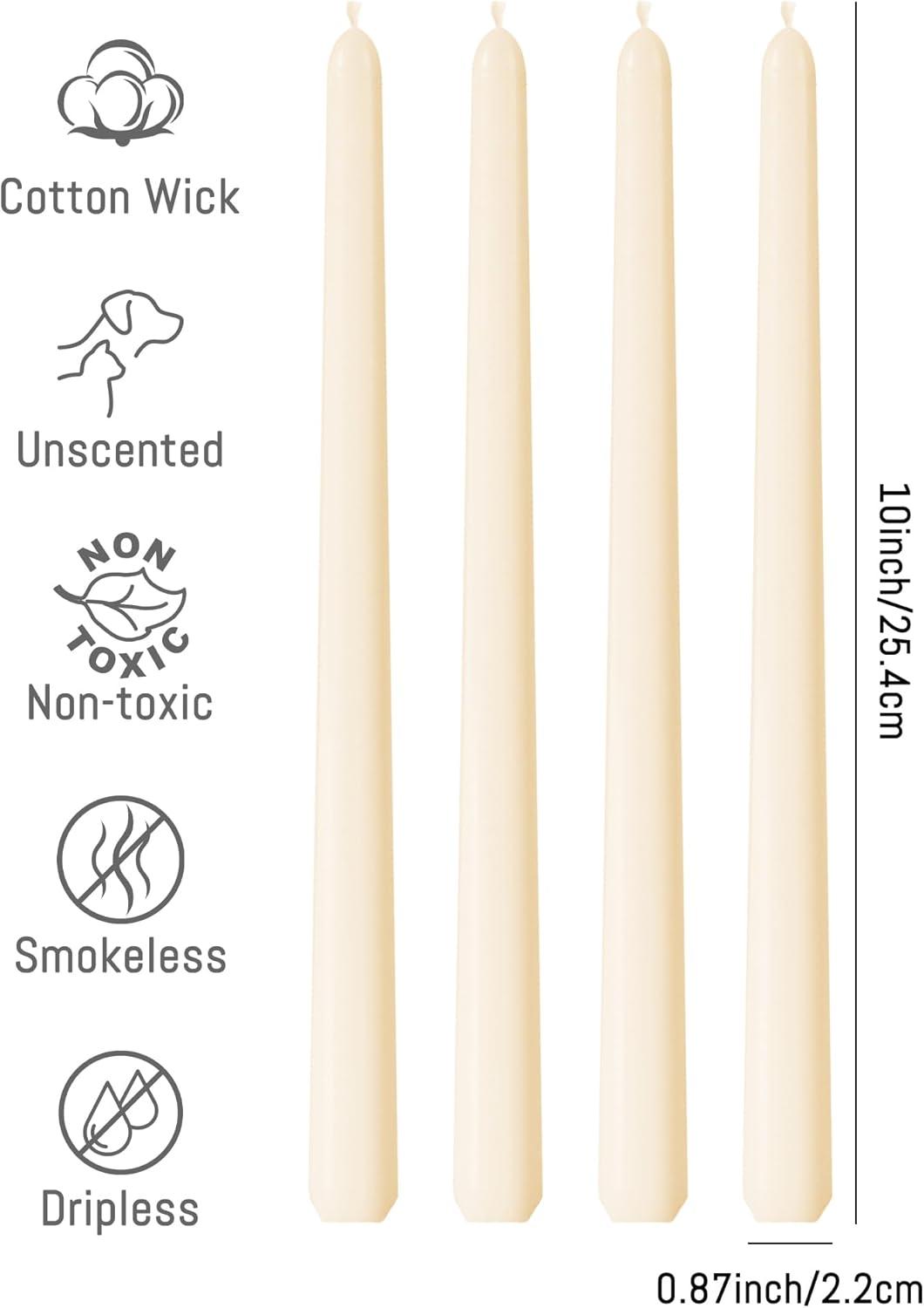 CANDWAX 10 inch Taper Candles Pack of 4 - Dripless Taper Candles and Unscented Candlesticks - Perfect as Dinner Candles and Household Candles - Ivory Candles