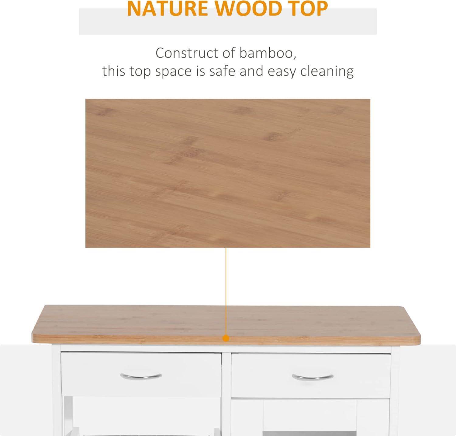 HOMCOM 28†Rolling Kitchen Trolley Serving Cart Storage Cabinet Bamboo Top with Wire Basket & Glass Door & Drawers - White