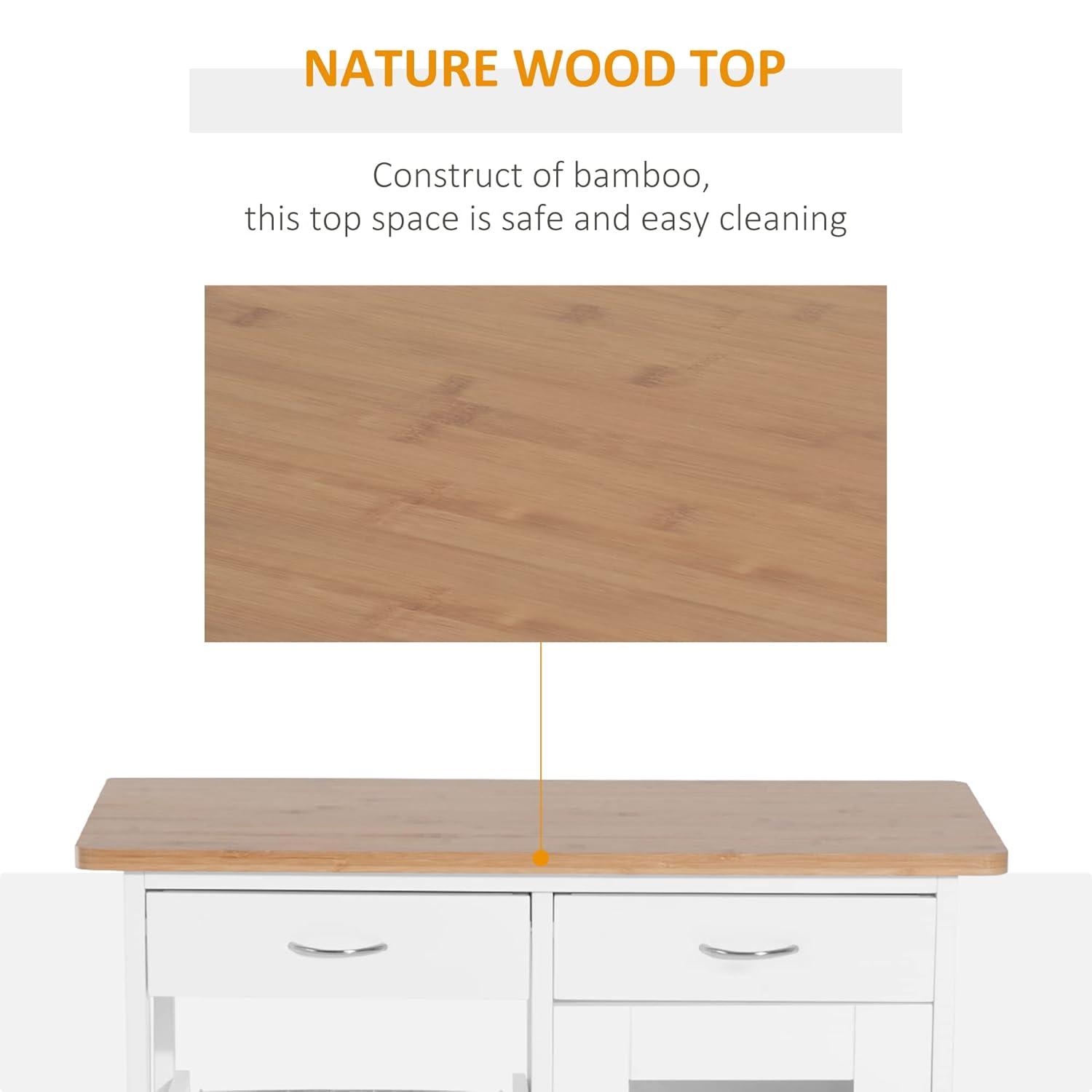 HOMCOM 28†Rolling Kitchen Trolley Serving Cart Storage Cabinet Bamboo Top with Wire Basket & Glass Door & Drawers - White