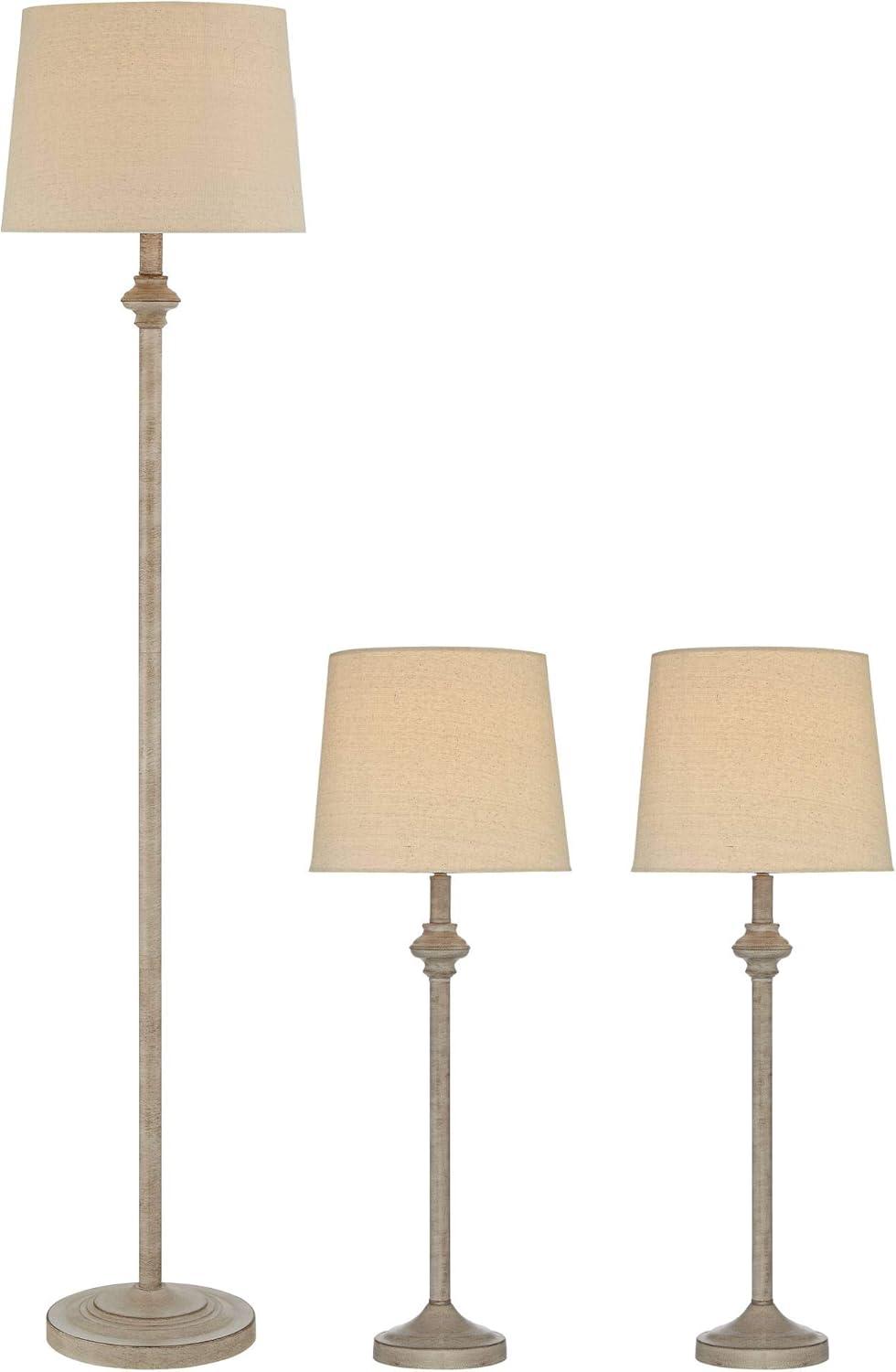 360 Lighting Carter Rustic Farmhouse 3 Piece Table Floor Lamp Set Beige Metal Cream Fabric Tapered Drum Shade for Living Room Bedroom Office House