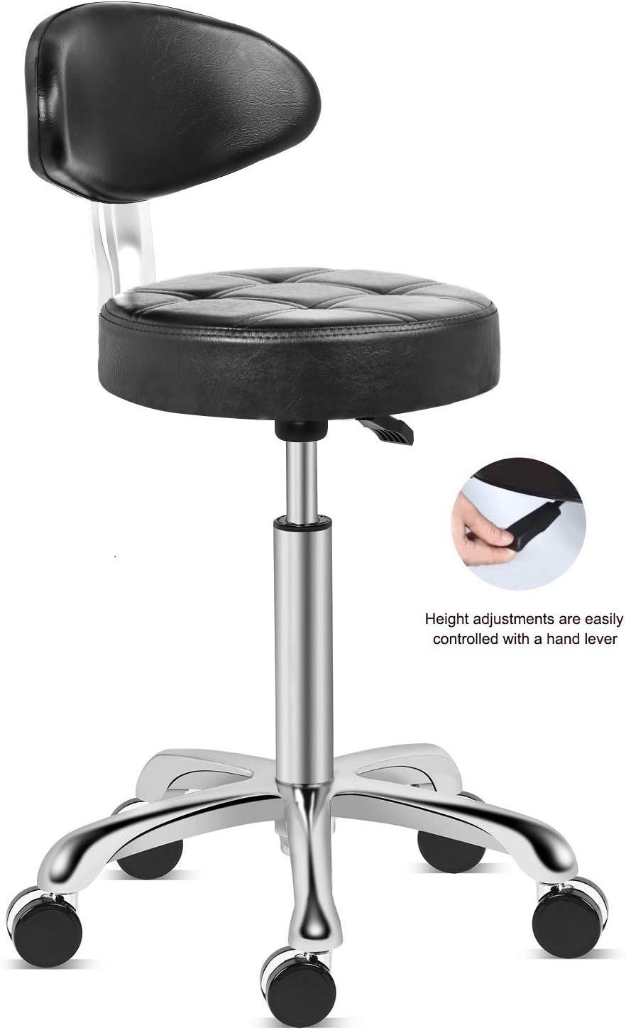 Kaleurrier Rolling Stool Salon Chair with Smooth-Rolling Wheels 360-degree Swivel Seat Heavy Duty Hydraulic Height Adjustable High Barber Cutting Stools (Black, with Backrest)