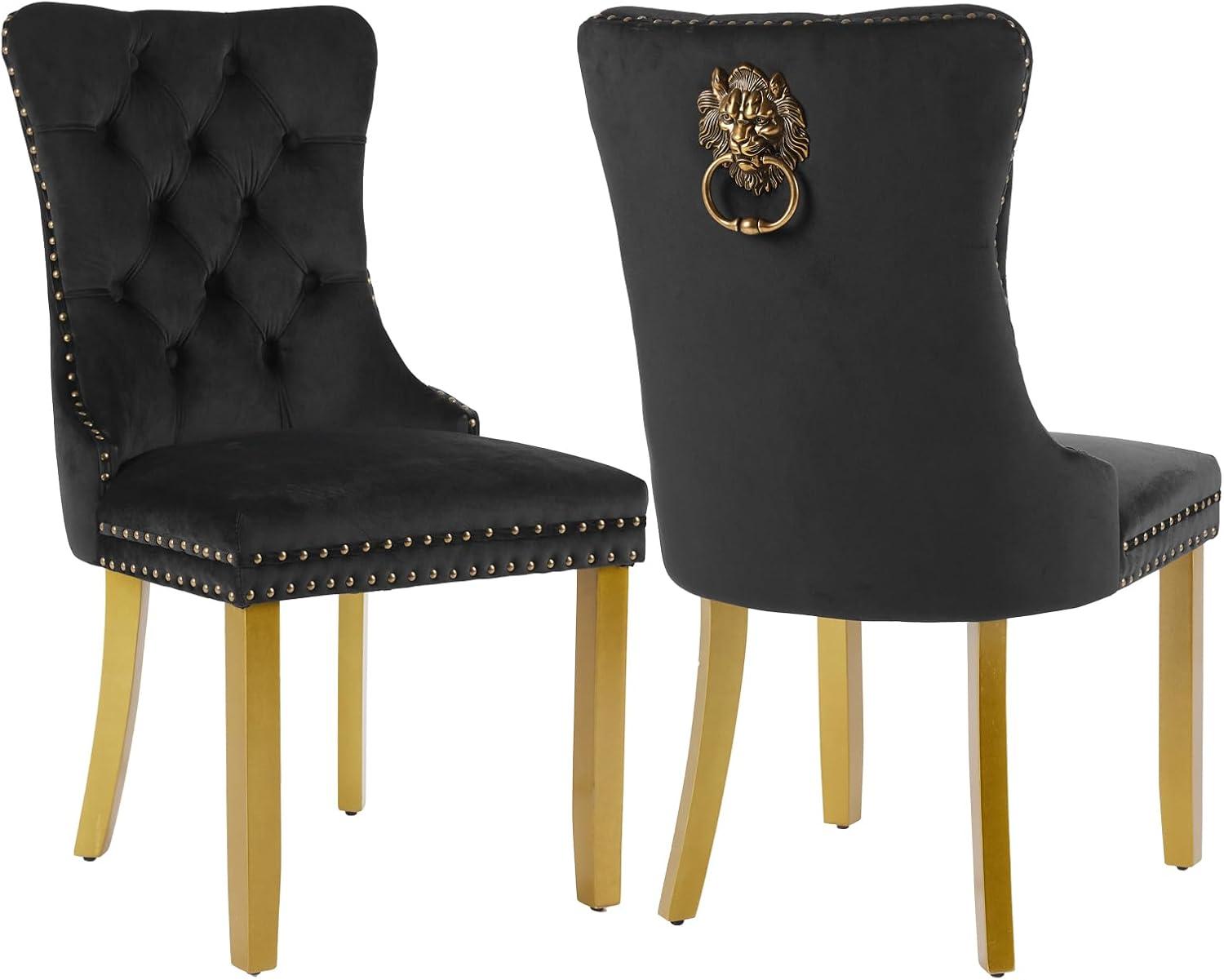 LegaHome Dining Chairs Set of 2, Modern Upholstered Velvet Dining Room Chairs with Nailhead Trim and Golden Stainless Steel Plating Solid Wood Legs, Tufted Button Padded Chairs Set for Kitchen, Black