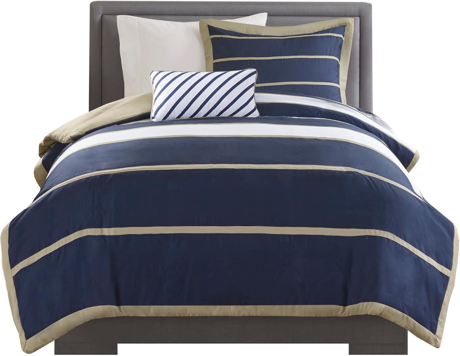 Navy and Khaki Striped Twin/Twin XL Duvet Cover Set