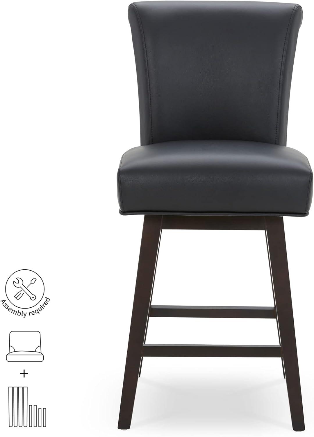 CHITA 26 in Upholstered Swivel Counter Bar Stools with Back&Wood Legs Set of 2, Faux Leather in Black