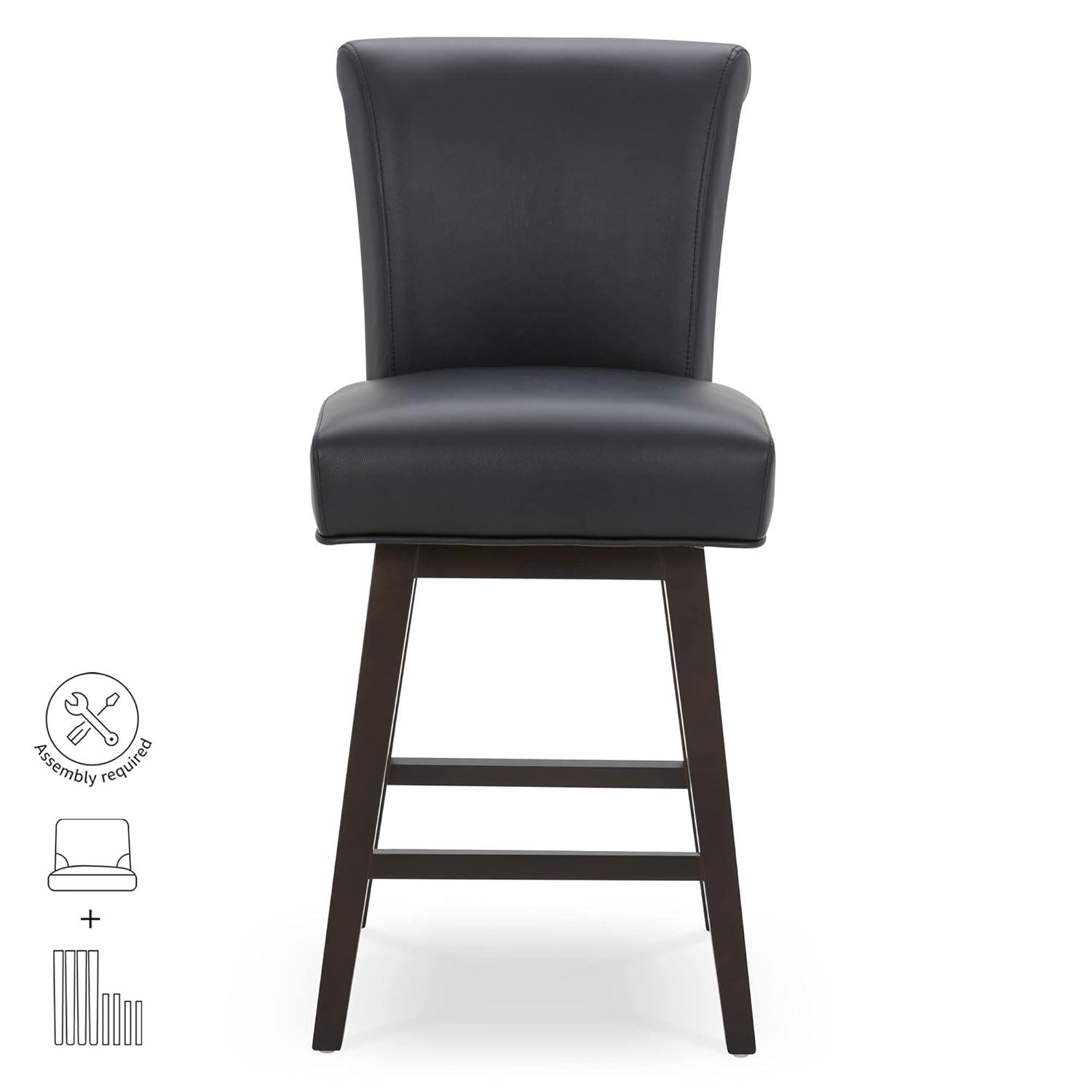CHITA 26 in Upholstered Swivel Counter Bar Stools with Back&Wood Legs Set of 2, Faux Leather in Black