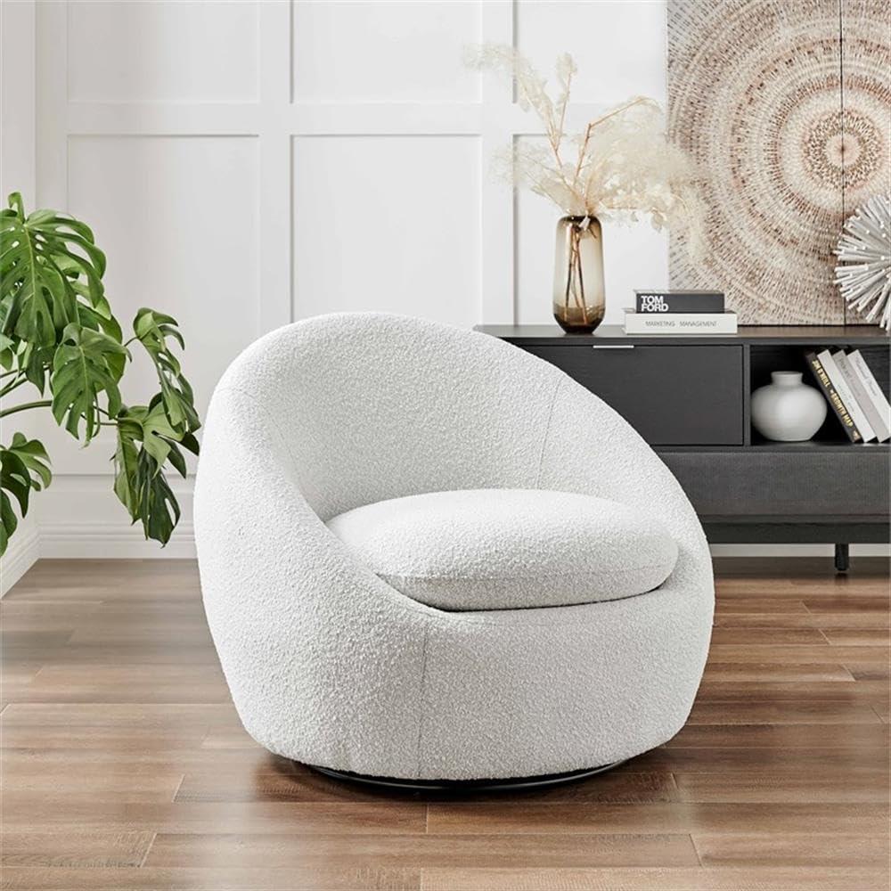 New Pacific Direct Adelmo Modern Fabric Swivel Accent Chair in Boucle Beige