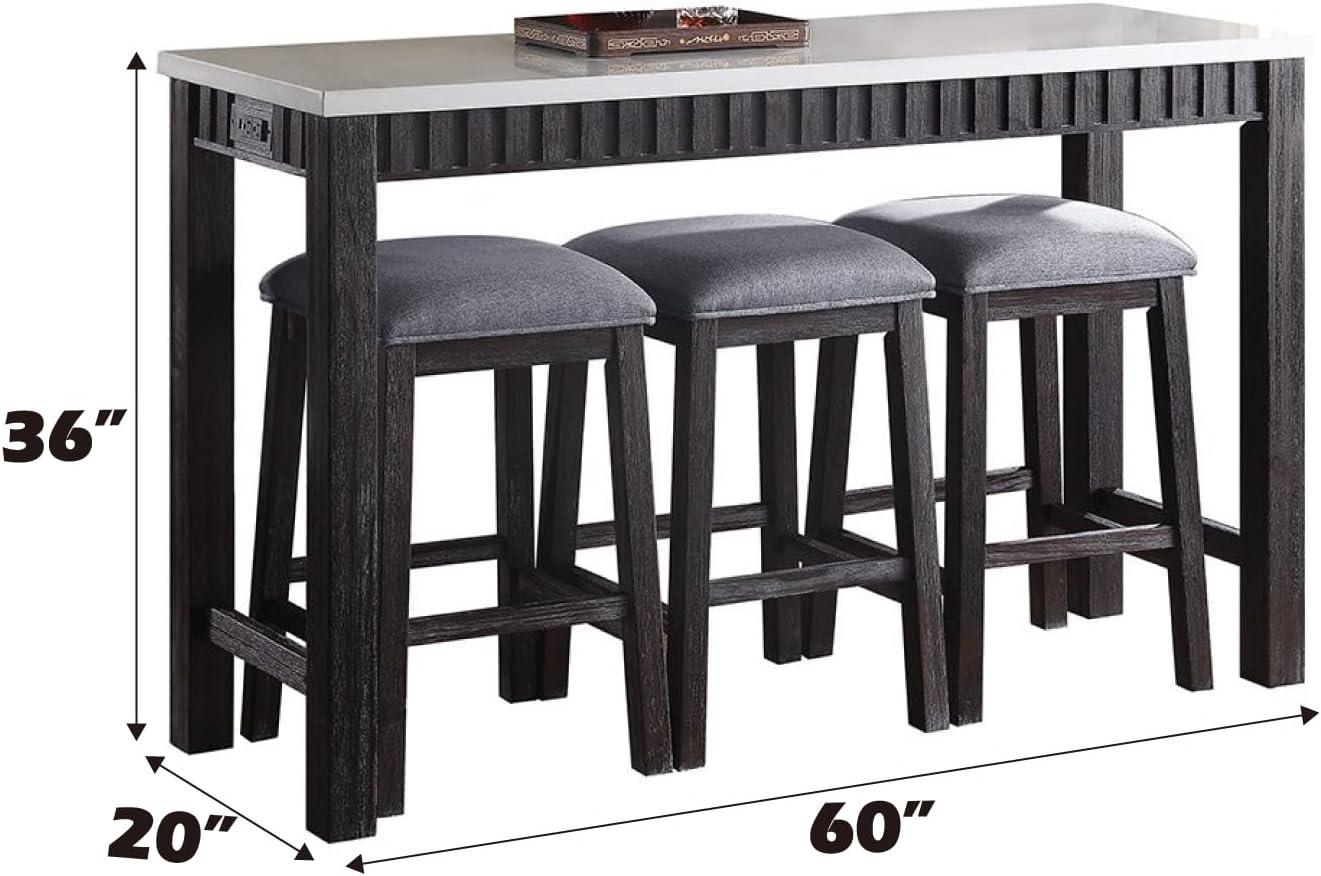 60" Necalli Marble Top Counter Height Dining Set Weathered Espresso - Acme Furniture: 4-Piece, Microfiber Seats, Sled Base