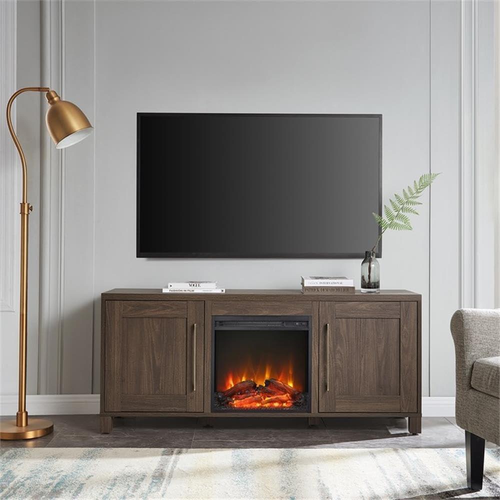 Evelyn&Zoe Chabot Rectangular TV Stand with Log Fireplace for TV's up to 65", Alder Brown