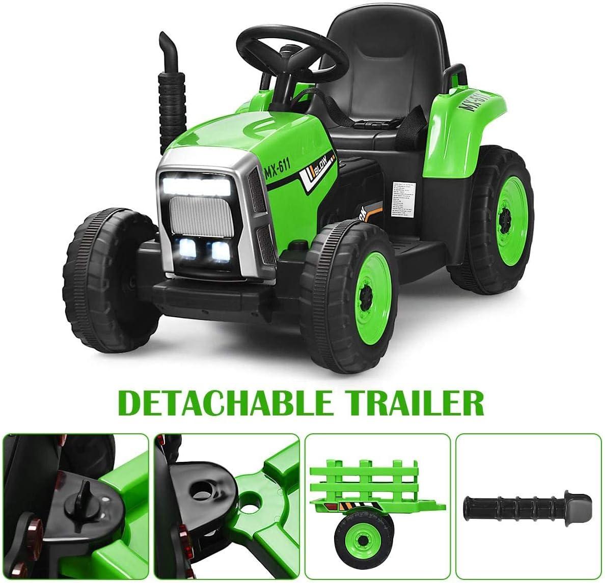 Green 12V Kids Ride-On Tractor with Trailer and Remote Control