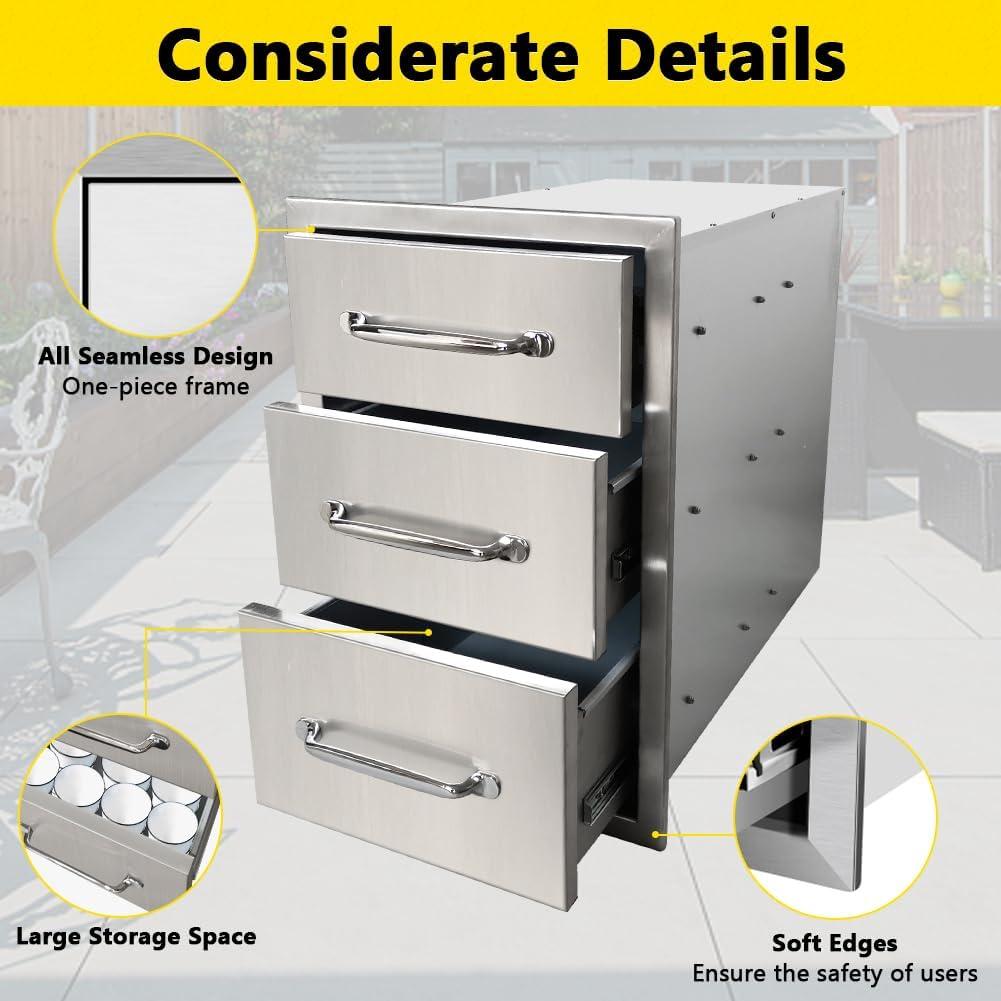 Stainless Steel Triple Access Outdoor Kitchen Drawers with Chrome Handles