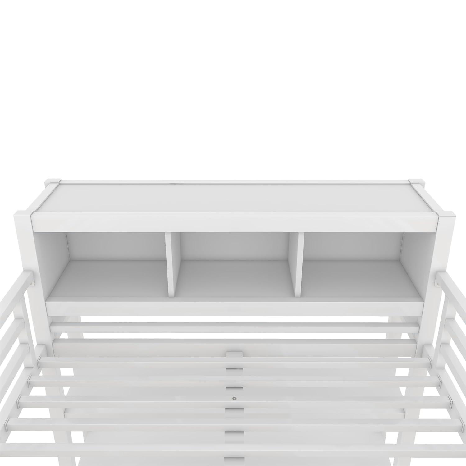 Full Size Metal Loft Bed with Wardrobe and L-Shaped Desk, Heavy-Duty Loft Bed with Storage Cubes and Shelves, White - ModernLuxe