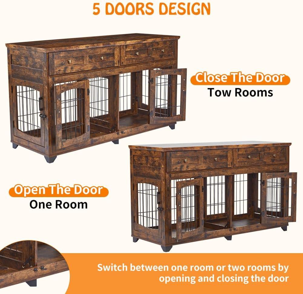 Dog Crate Furniture with 5 Doors, 58" Wooden Dog Kennel End Table with Large Capacity Drawers, Dog House with Openable Divider for Small/Medium/Large Dog,Dog Cage,Side End Table,Rustic Brown