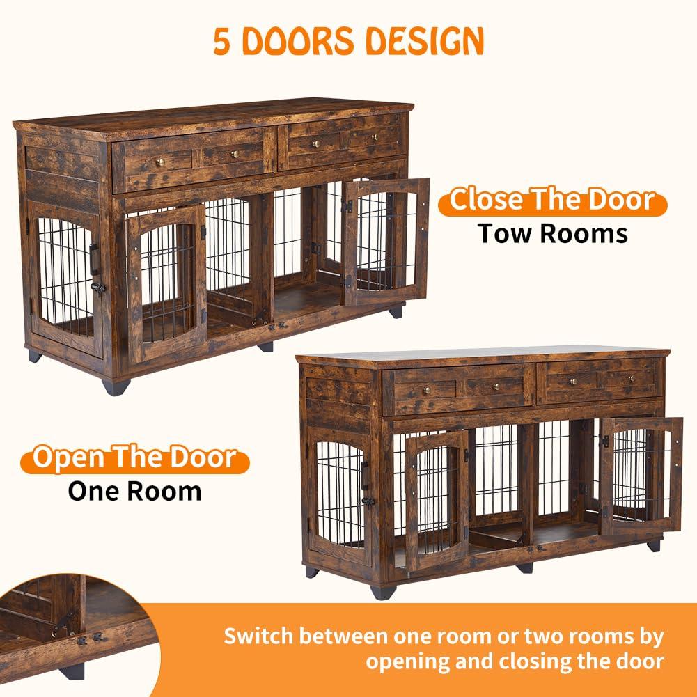 Dog Crate Furniture with 5 Doors, 58" Wooden Dog Kennel End Table with Large Capacity Drawers, Dog House with Openable Divider for Small/Medium/Large Dog,Dog Cage,Side End Table,Rustic Brown