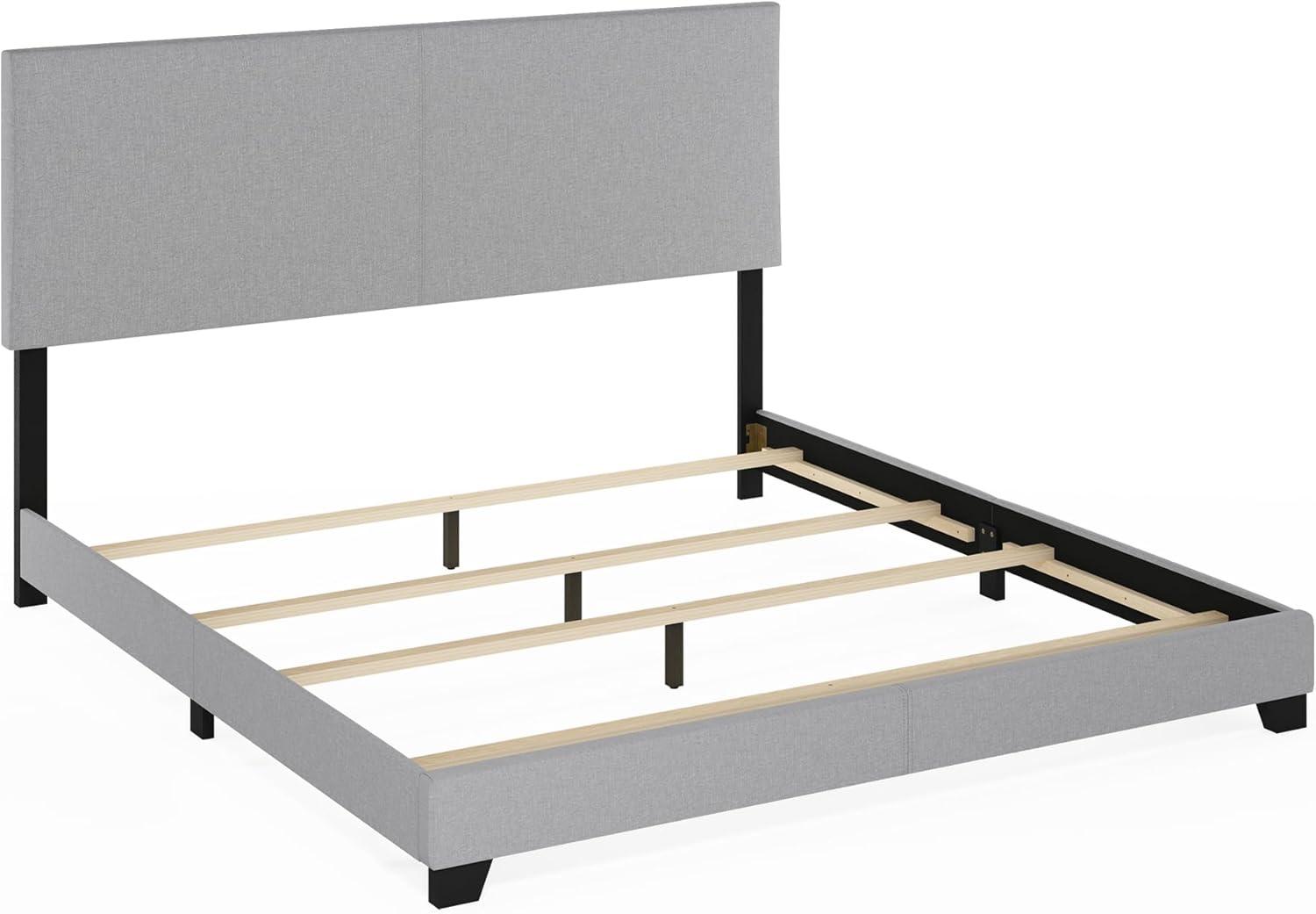 Furinno Pessac Fabric Upholstered Bed Frame with Wooden Slat Support, King, Glacier