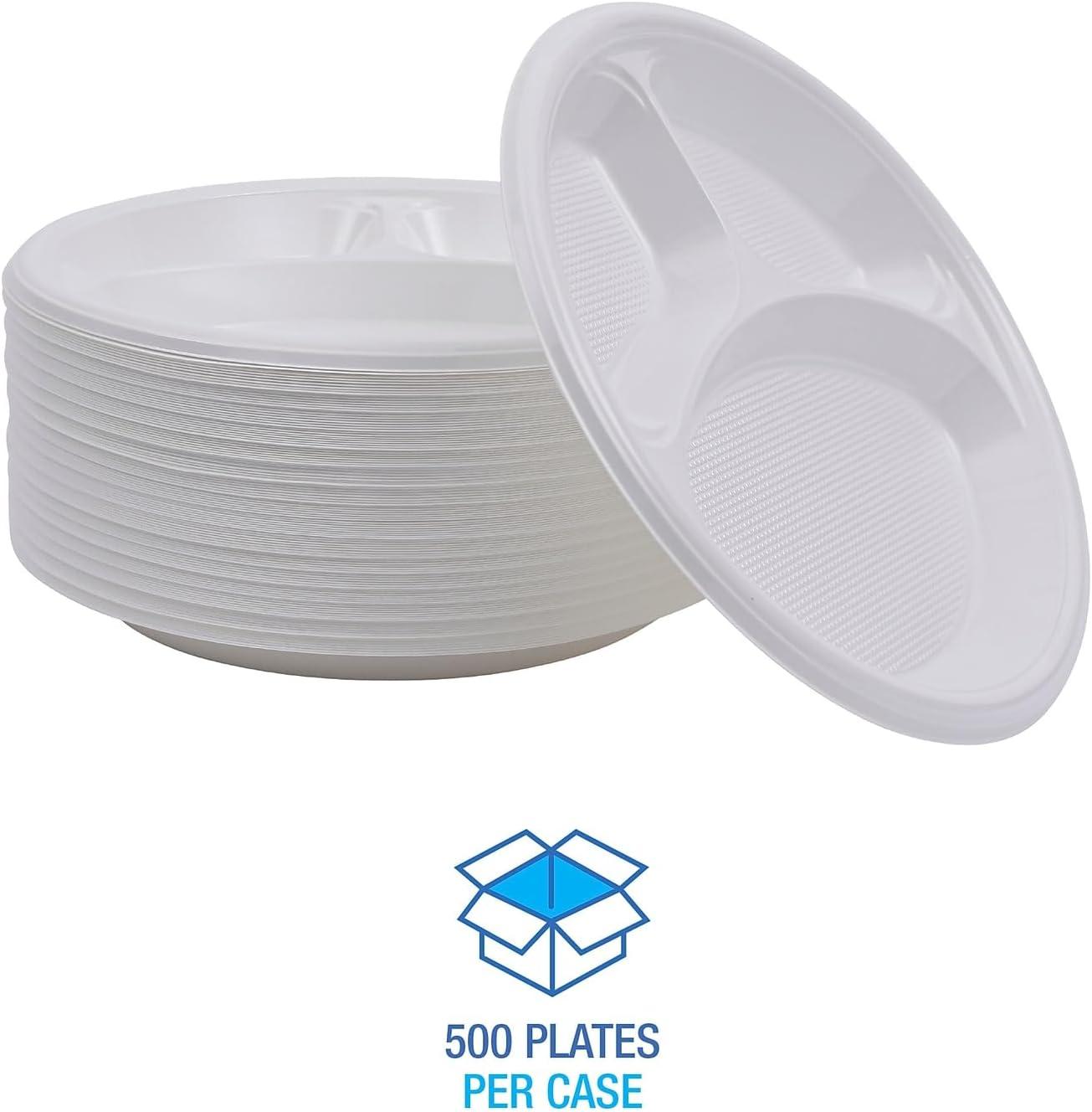 Boardwalk Hi-Impact Round Plastic Plate, 3-Compartment, 10" dia, White, 500/Carton