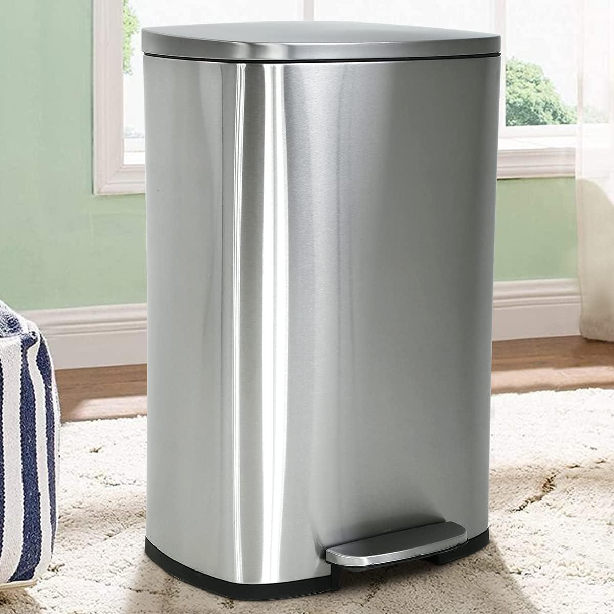 Rongfun 13 Gallon/50 L Garbage Can Kitchen Trash Can with Lid for Office Bedroom Bathroom Step Trash Bin Fingerprint-Proof Brushed Stainless Steel 13 Gallon / 50 Liter