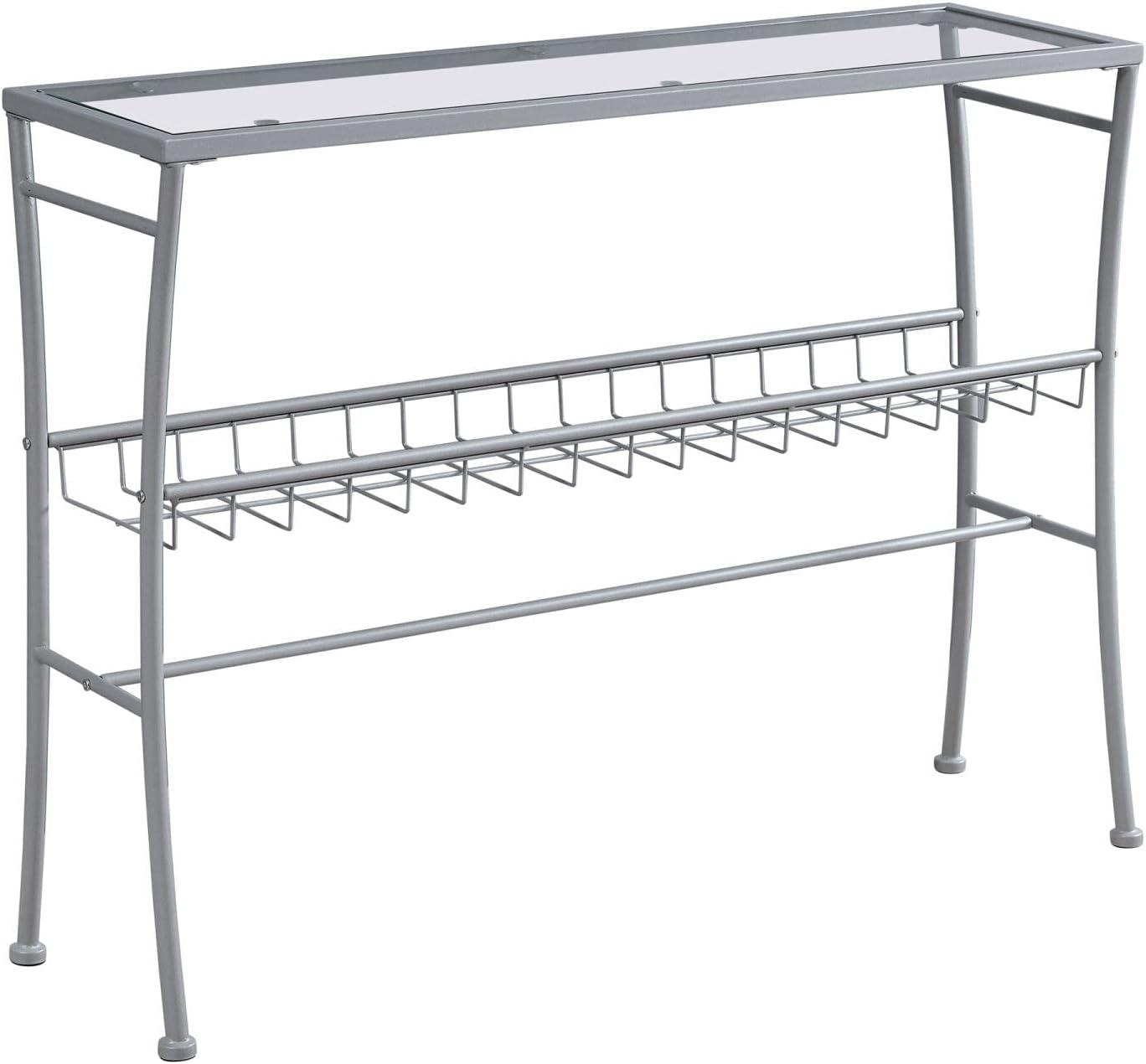 Sleek Silver Metal & Glass Console Table with Storage Shelf