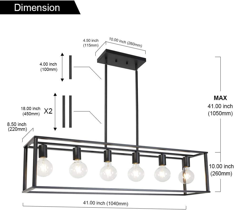 6 Light Rectangle Chandelier Contemporary Farmhouse Linear Pendant Lighting Black Industrial Vintage Kitchen Island Metal Cage Ceiling Light Fixture