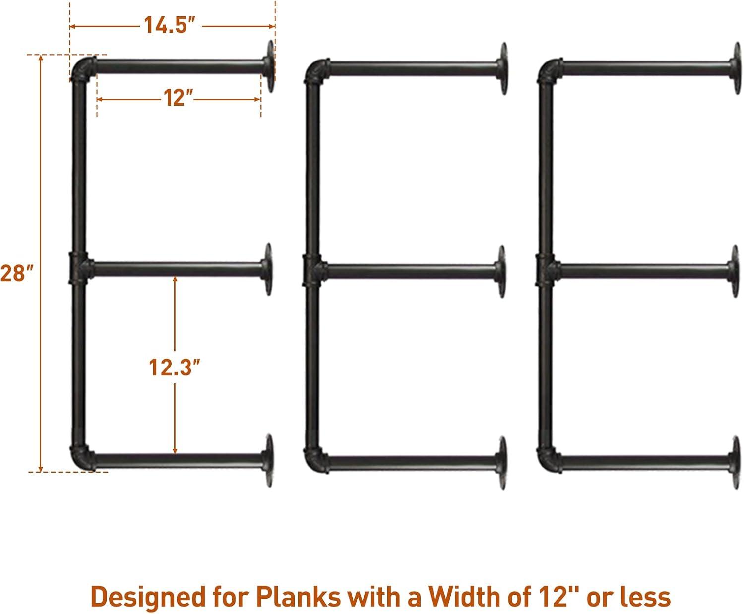 HITOMEN Industrial Iron Pipe Shelves, 3 Set 3-Tier, 28" Tall, 12" Depth, DIY Open Bookshelf Bookcase, Wall Mounted Vintage Retro Shelving, Rustic Farmhouse Pantry Kitchen Storage, Black Shelf Brackets